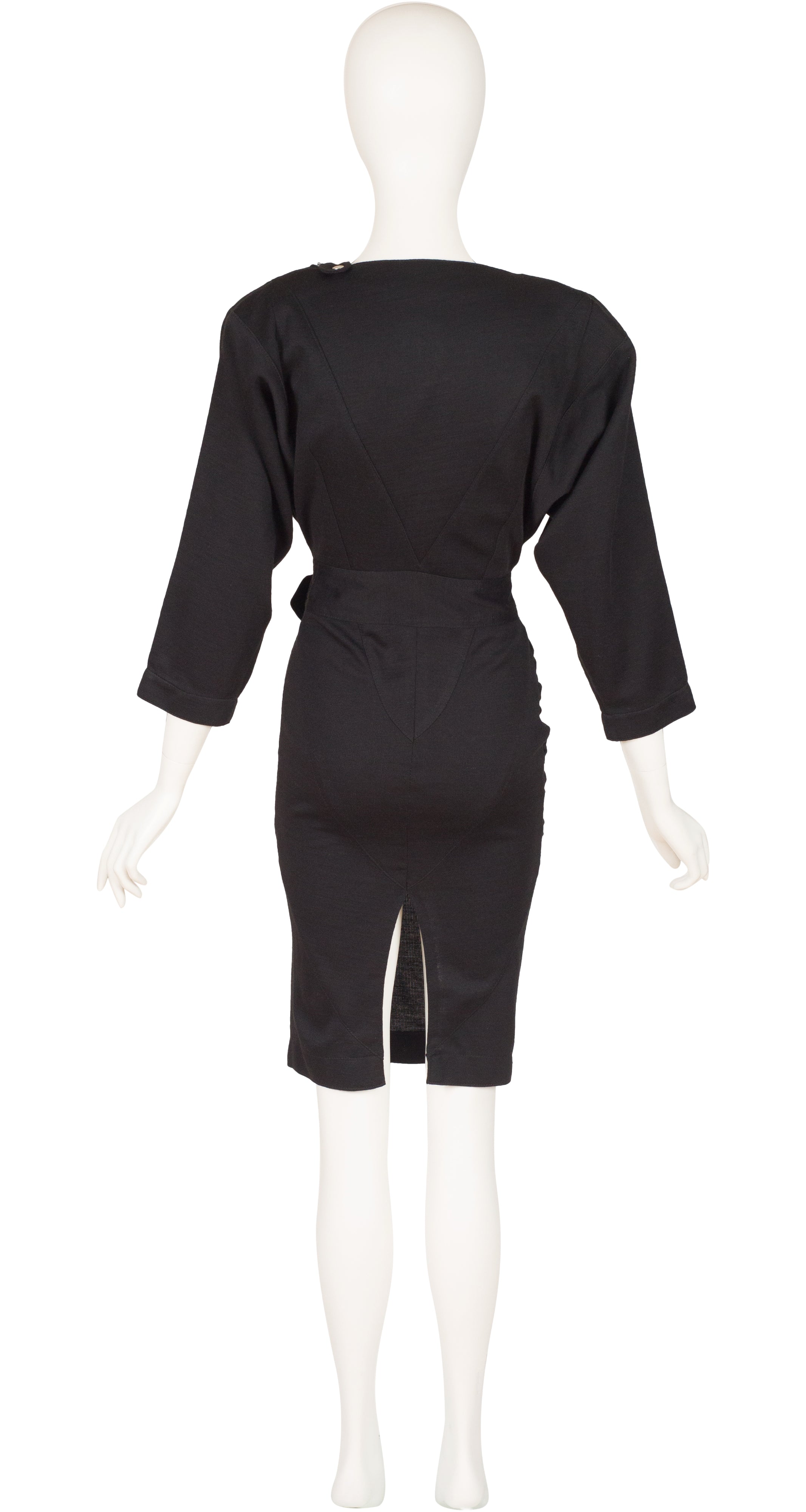 1980s Black Wool Jersey Silver Metal Zip Dress