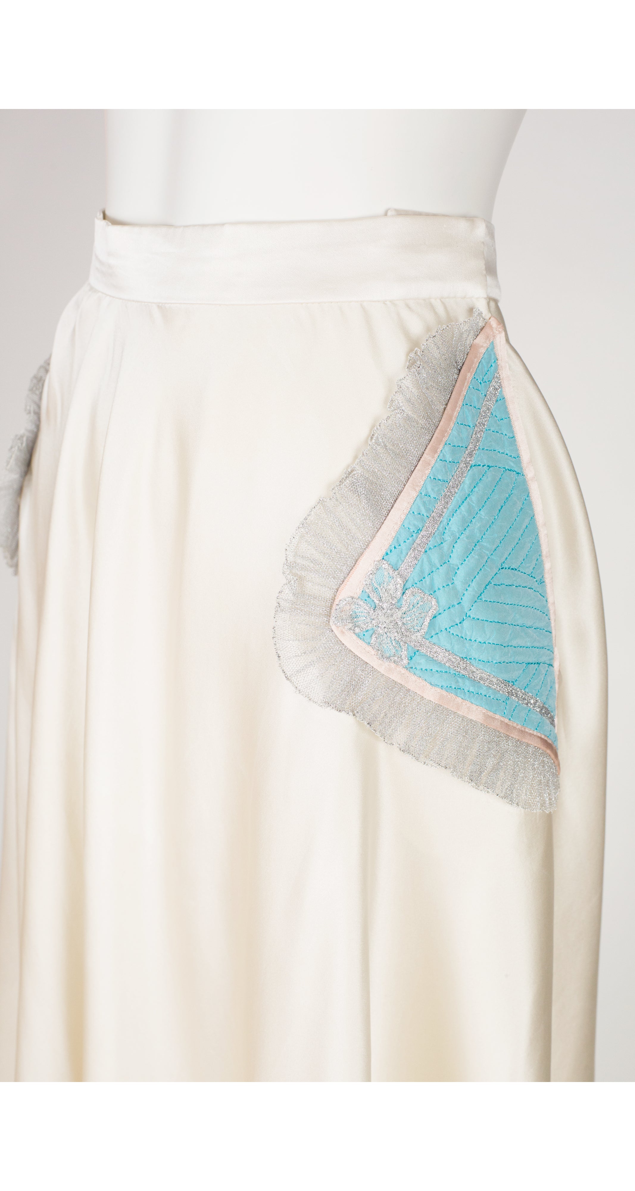 1970s Cream Silk Quilted Pocket High-Waisted Skirt