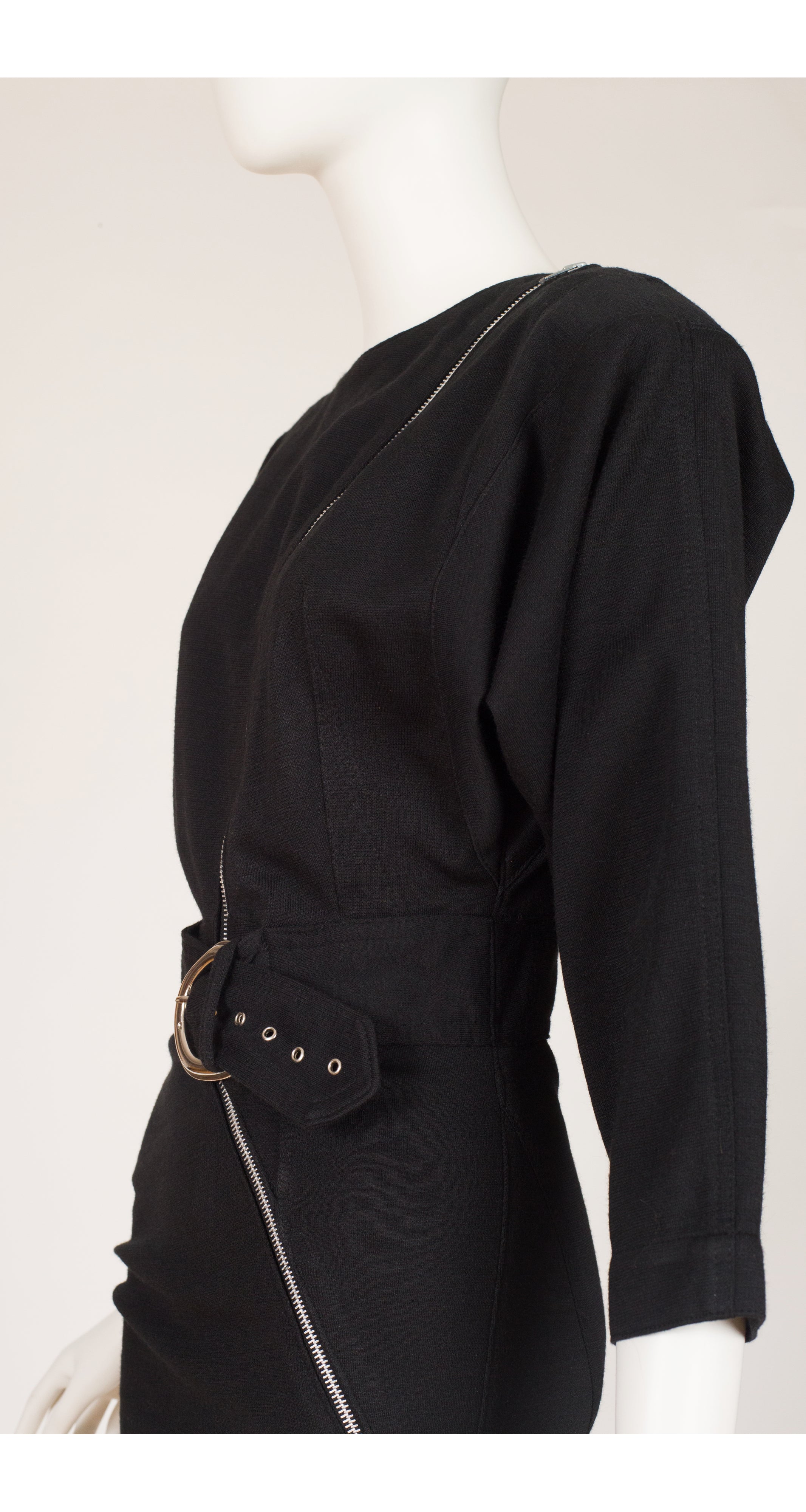 1980s Black Wool Jersey Silver Metal Zip Dress