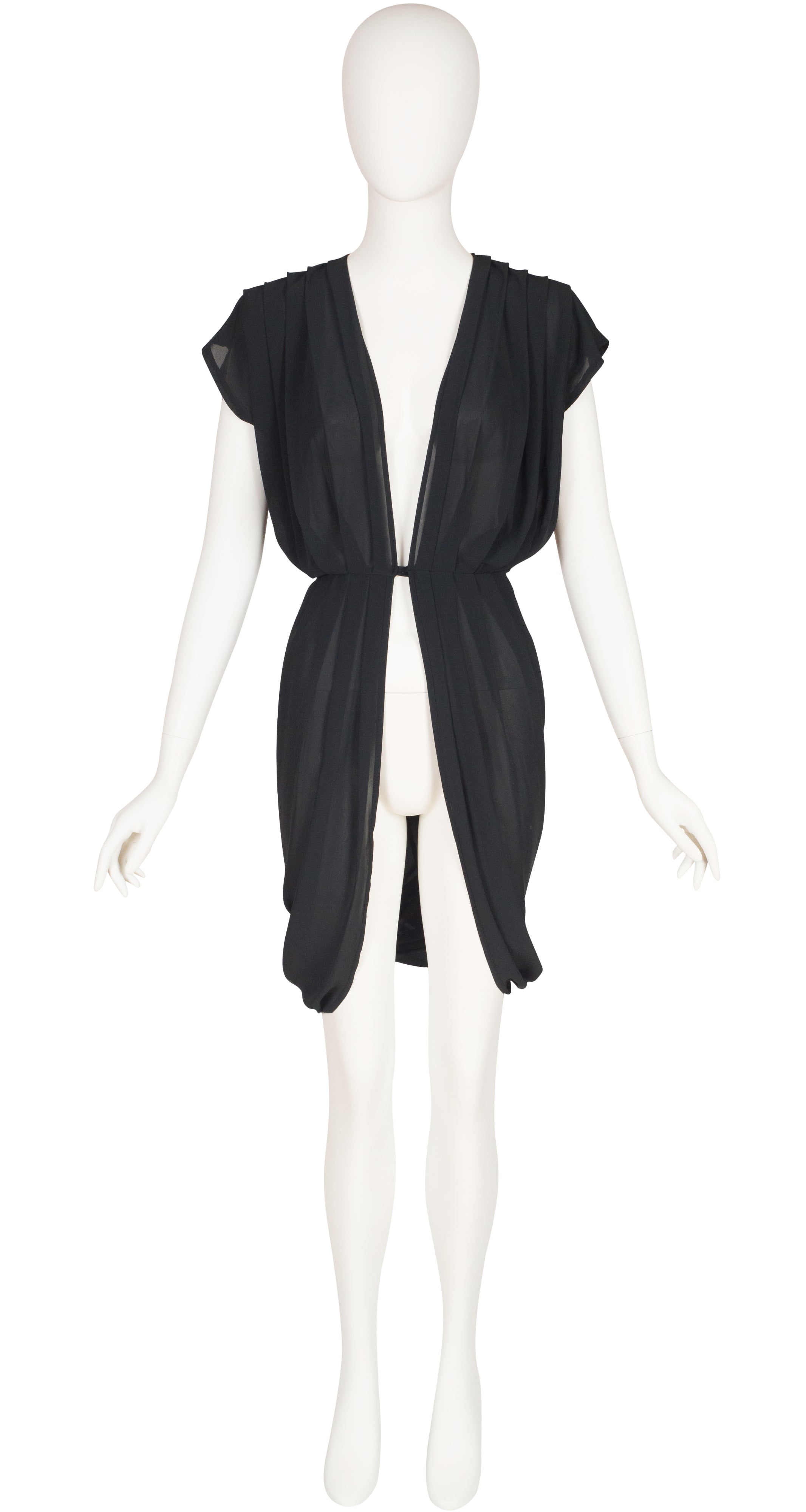 1980s Draped Pleated Black Chiffon Tunic