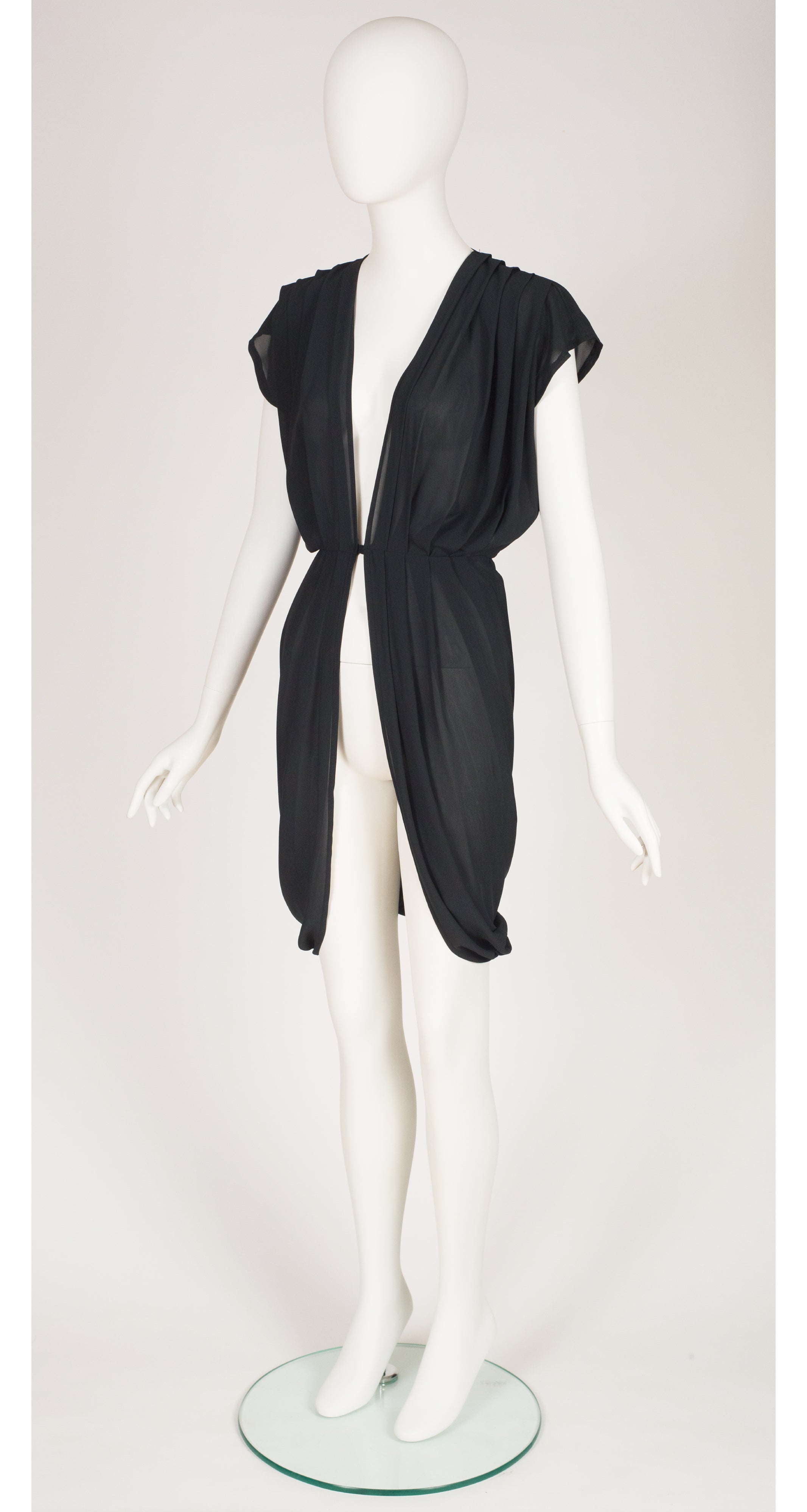 1980s Draped Pleated Black Chiffon Tunic