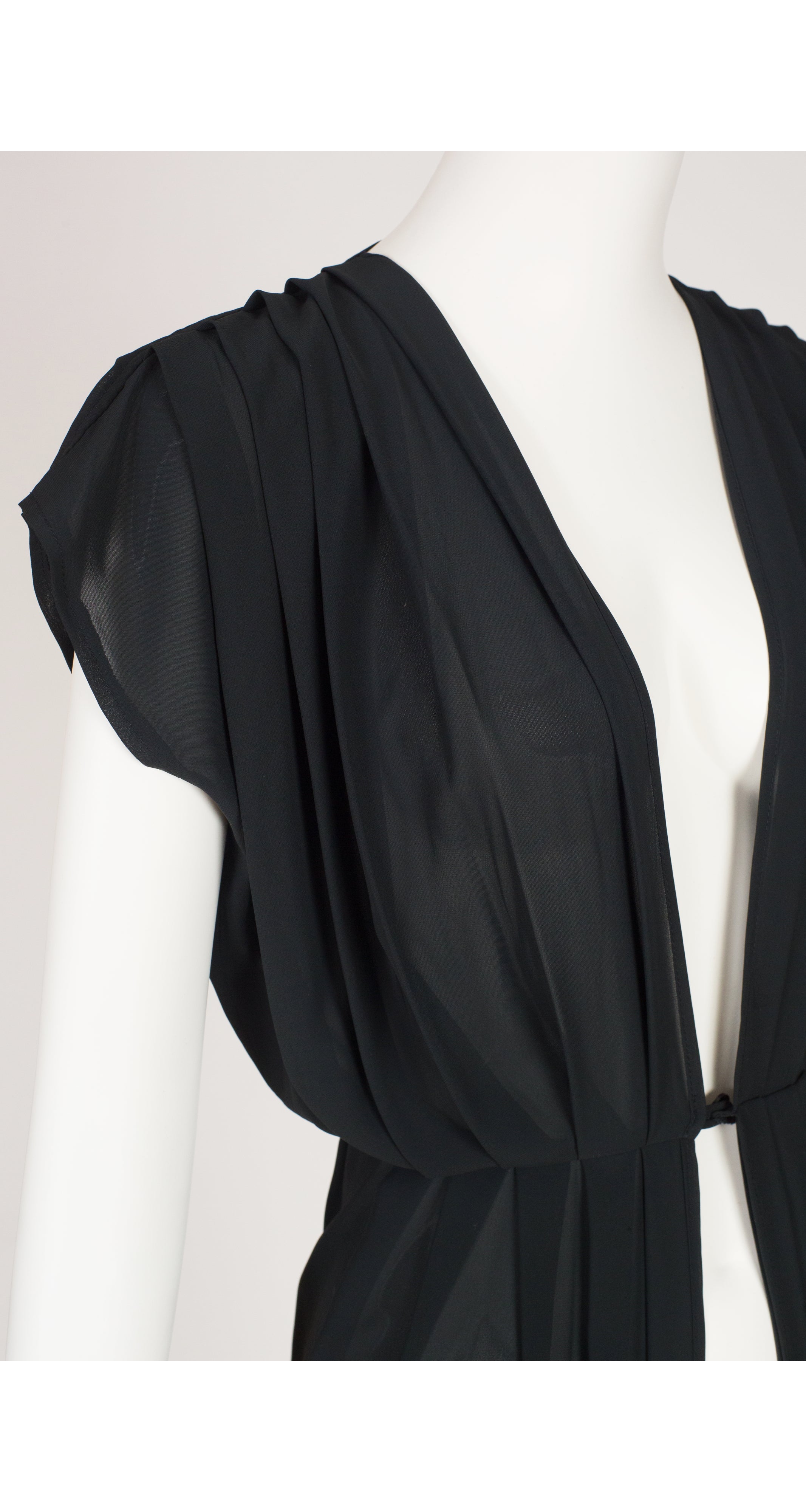1980s Draped Pleated Black Chiffon Tunic