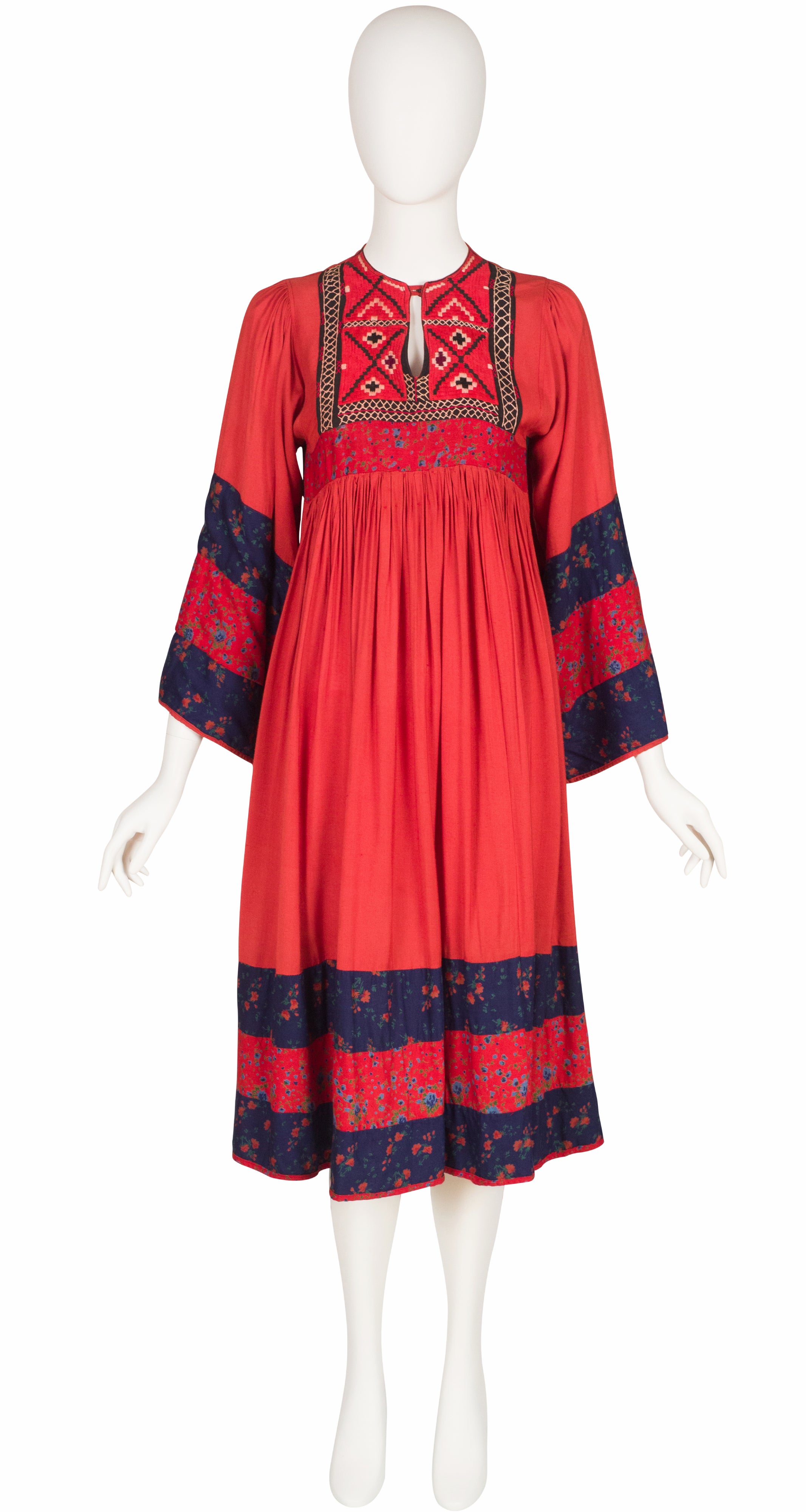 1970s Embroidered Red Indian Rayon Floral Trim Dress