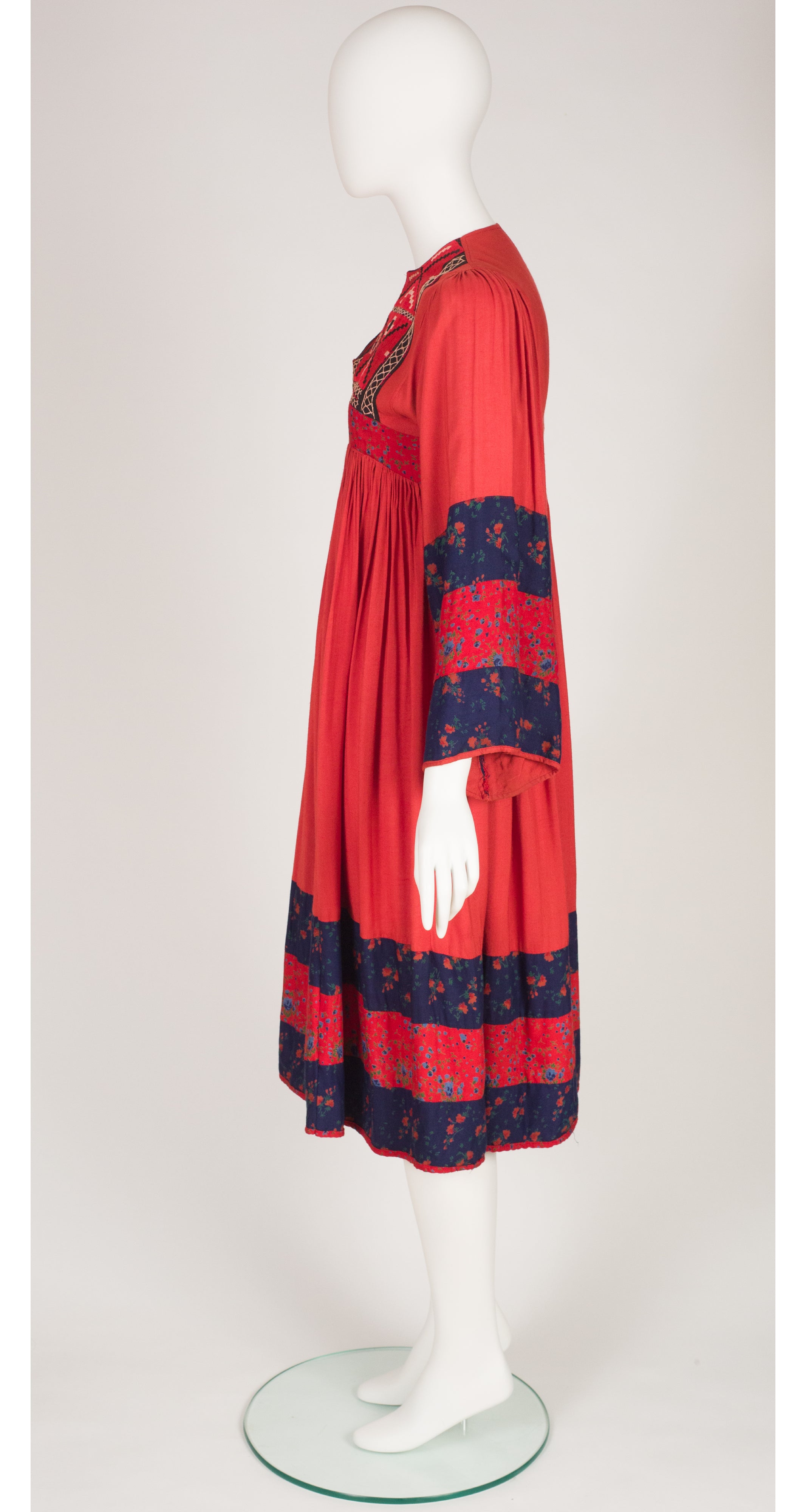 1970s Embroidered Red Indian Rayon Floral Trim Dress