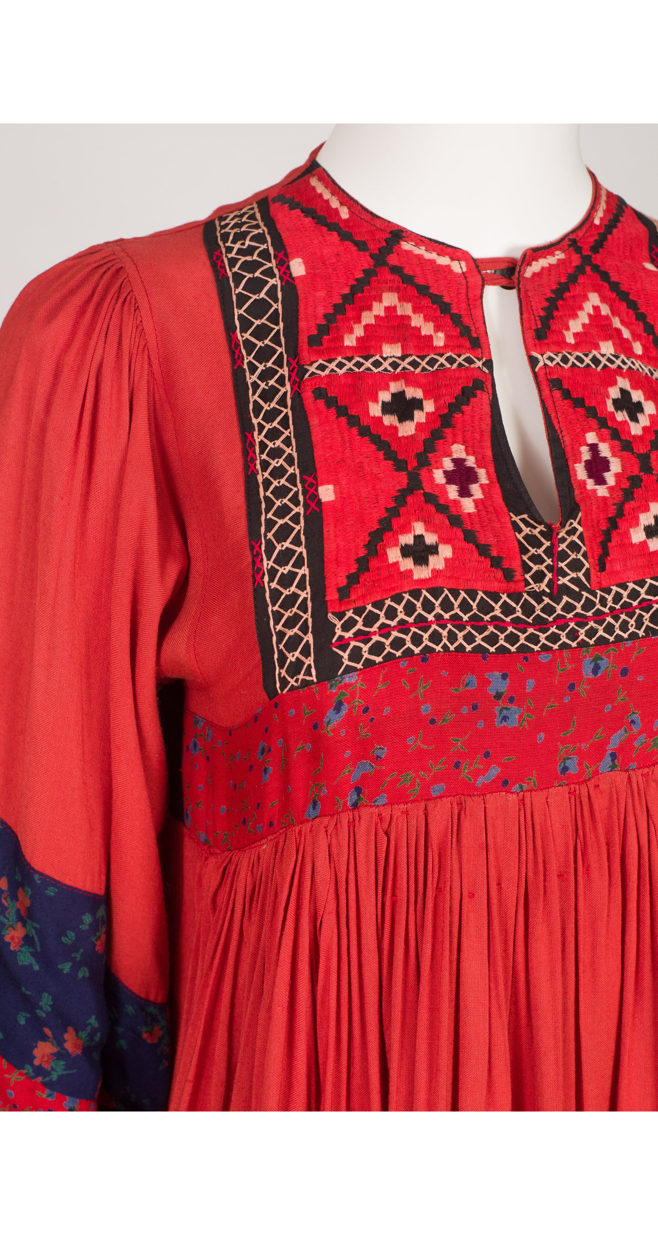 1970s Embroidered Red Indian Rayon Floral Trim Dress