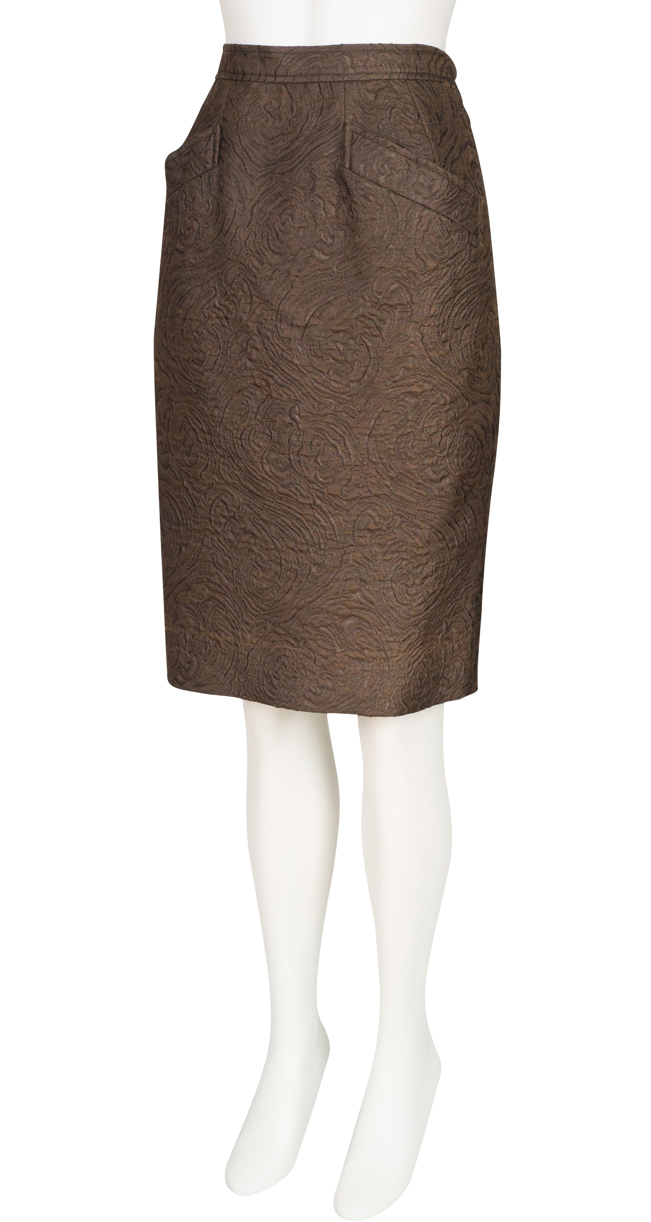 1980s Brown Brocade Structured Skirt Suit