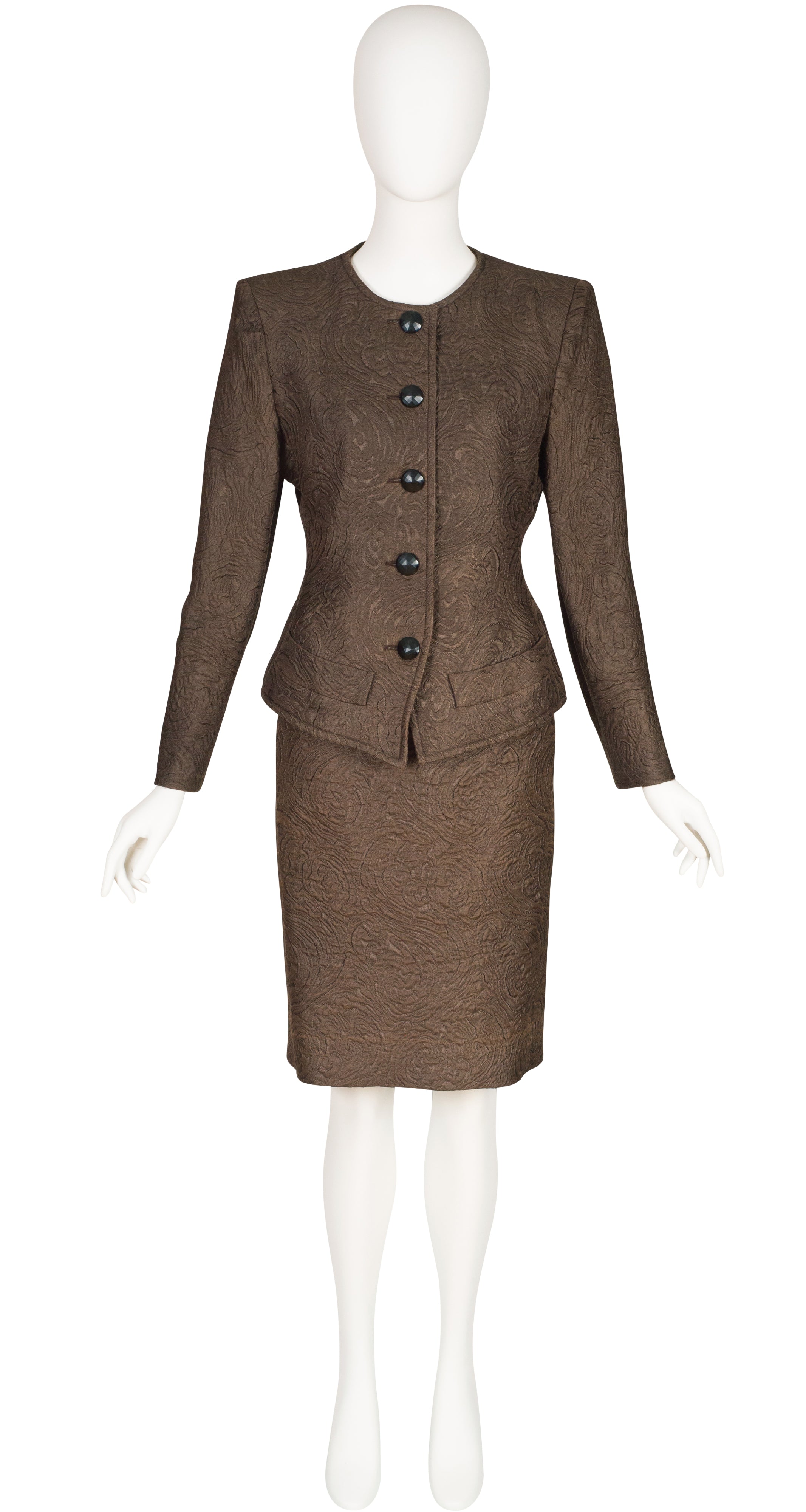 1980s Brown Brocade Structured Skirt Suit