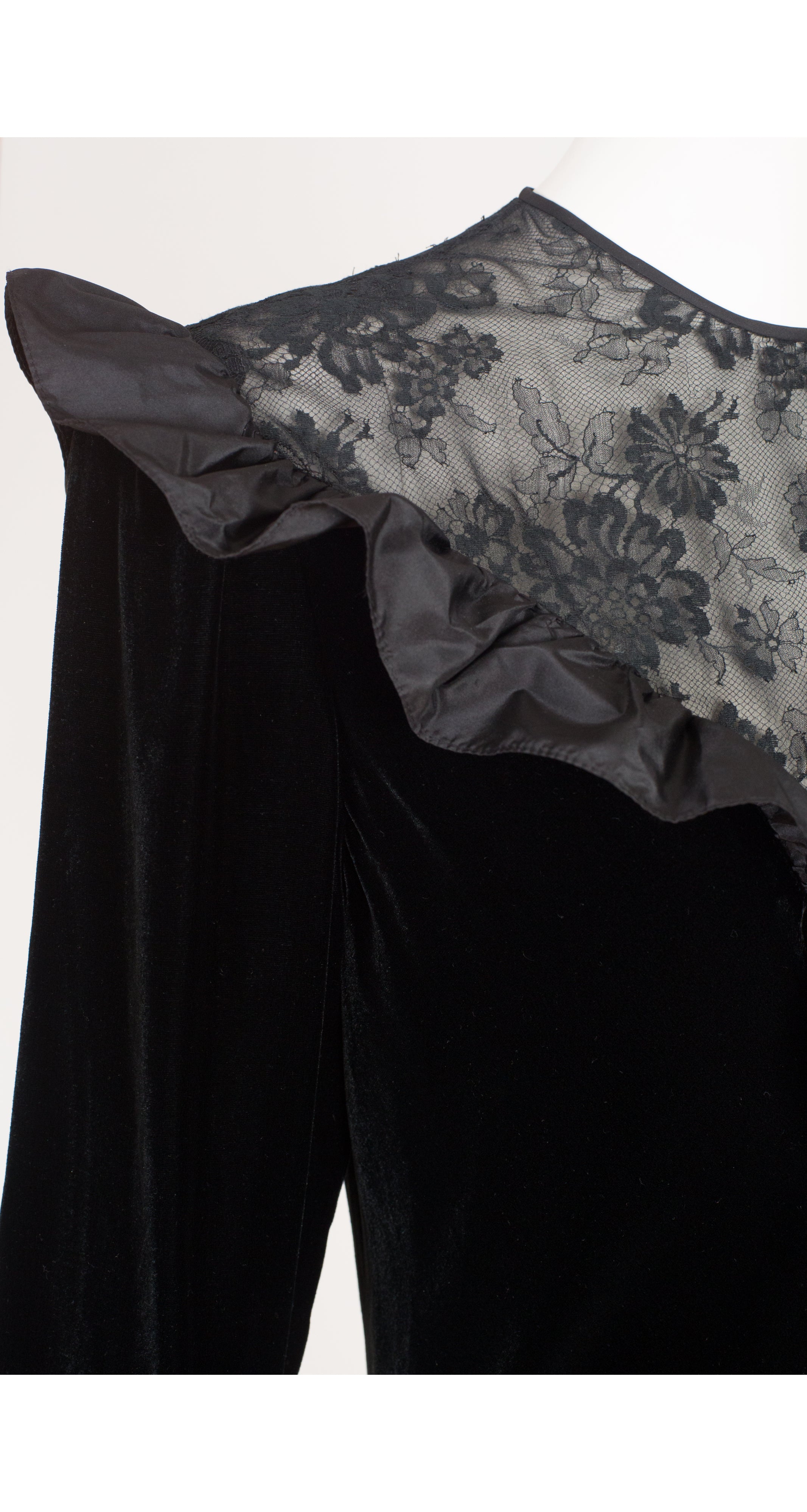 1980s Black Lace & Velvet Ruffle Collar Evening Dress