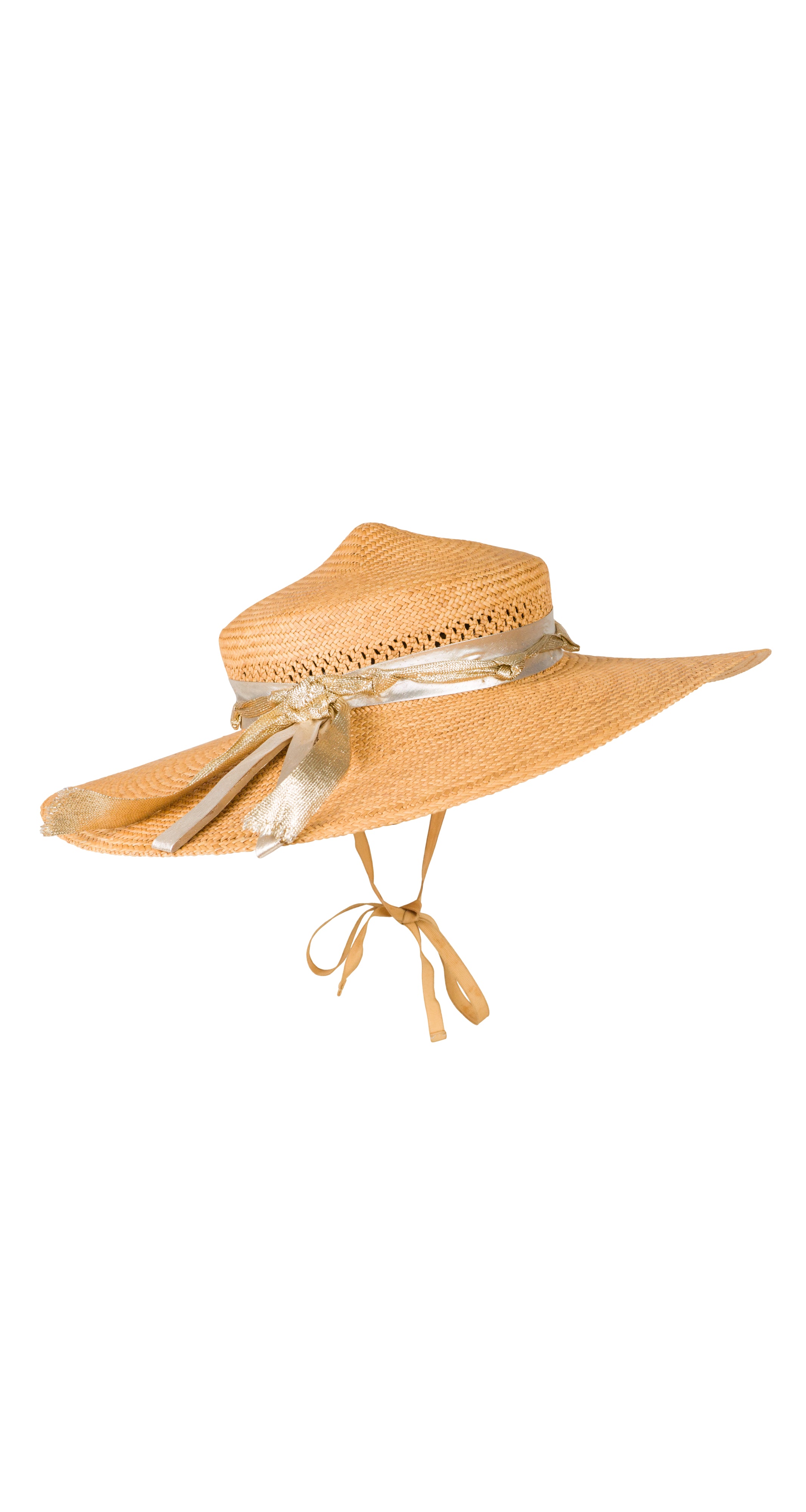 1980s Metallic Gold Band Straw Wide Brim Sun Hat