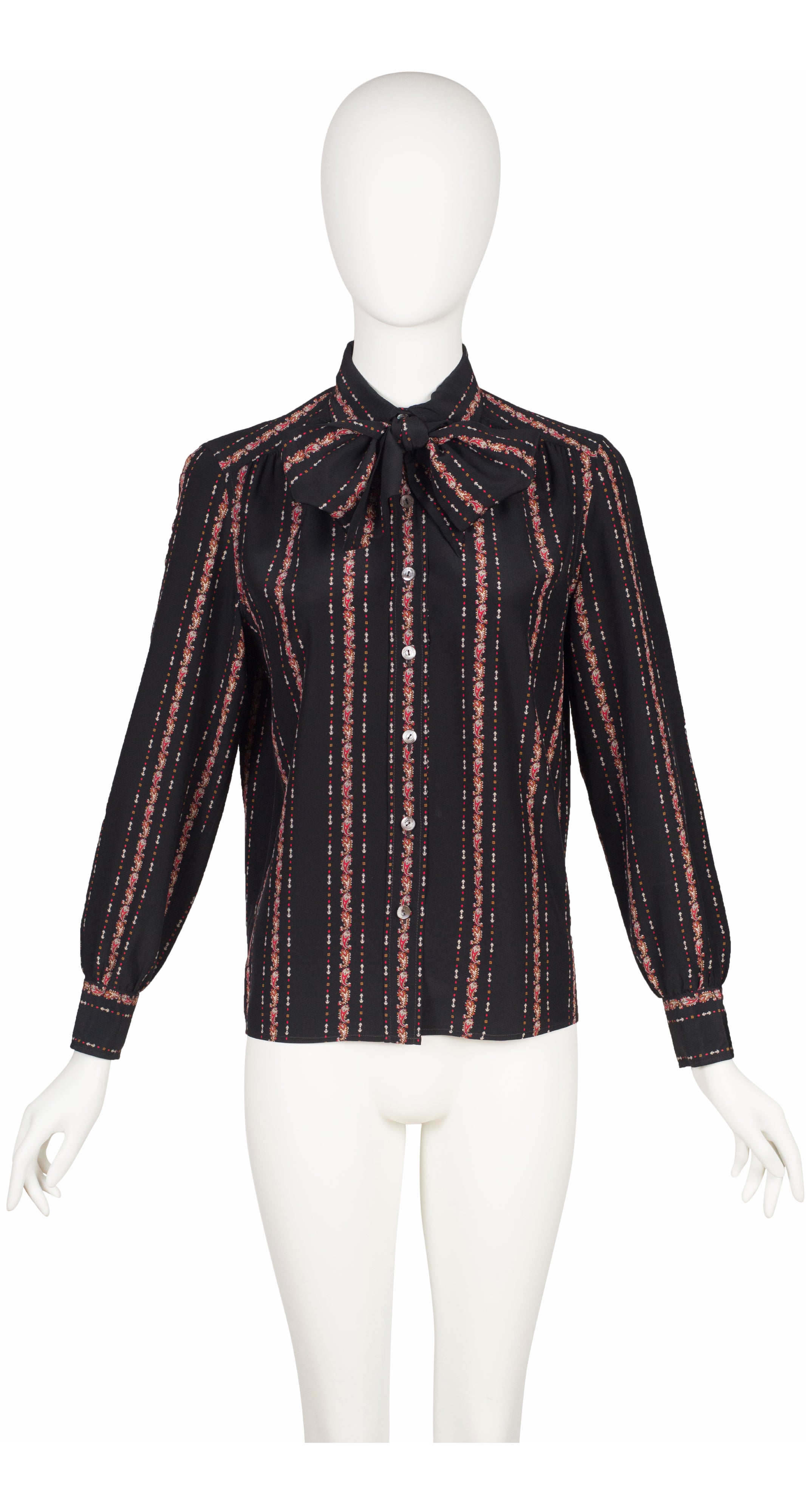 1970s Paisley Print Black Silk Tie-Neck Blouse