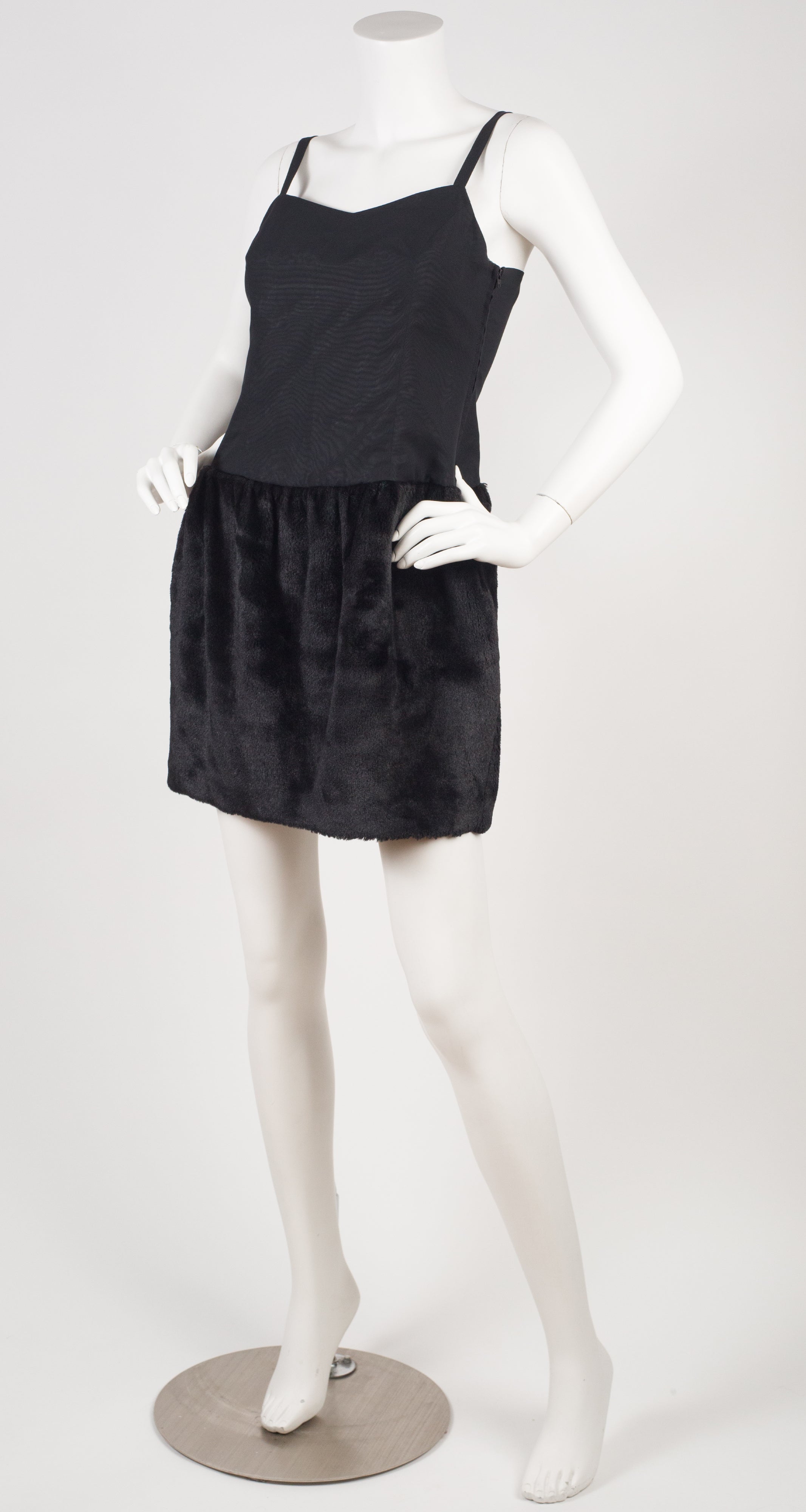 1990s Black Faux Fur Mini Cocktail Dress
