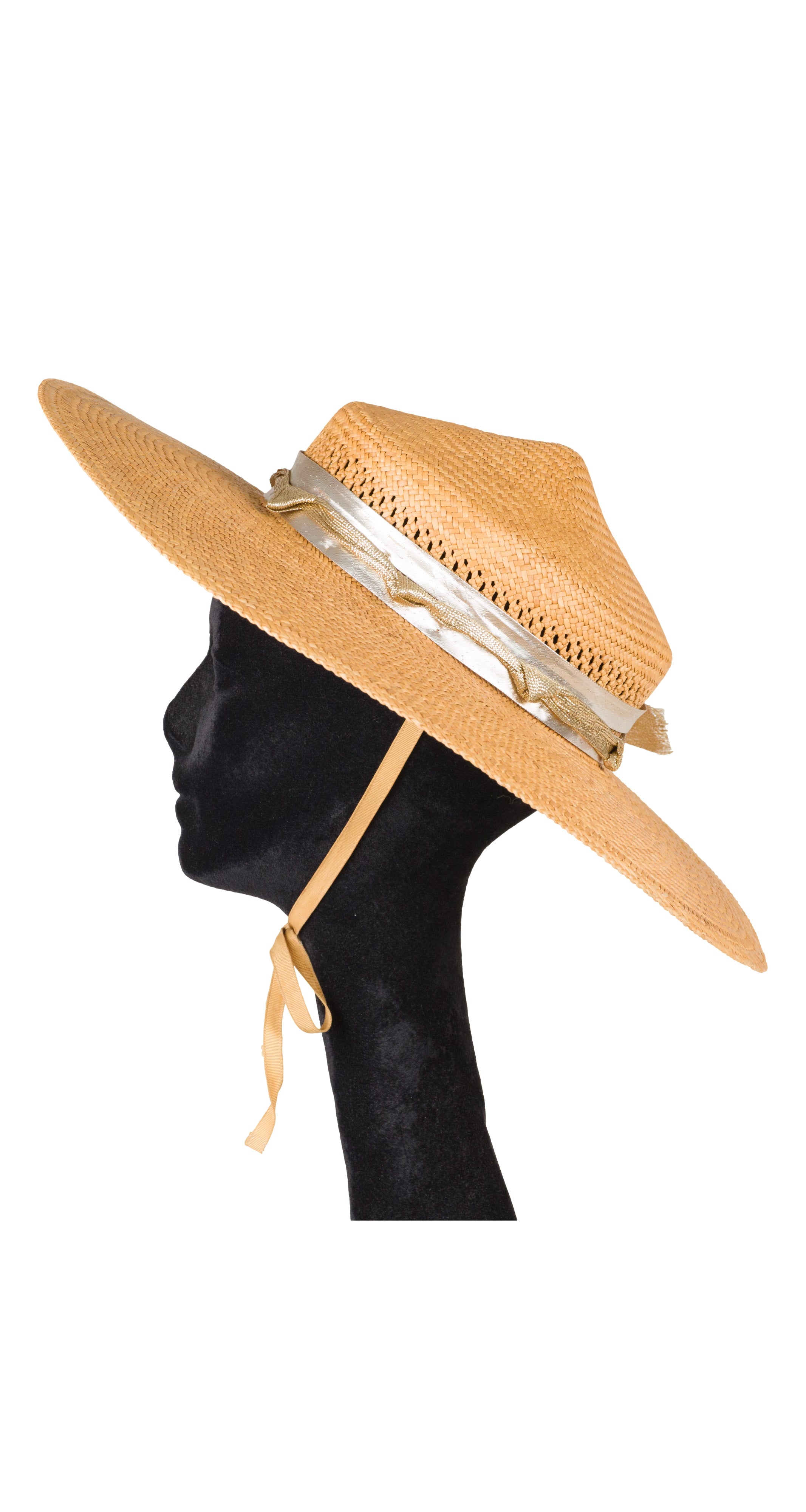 1980s Metallic Gold Band Straw Wide Brim Sun Hat