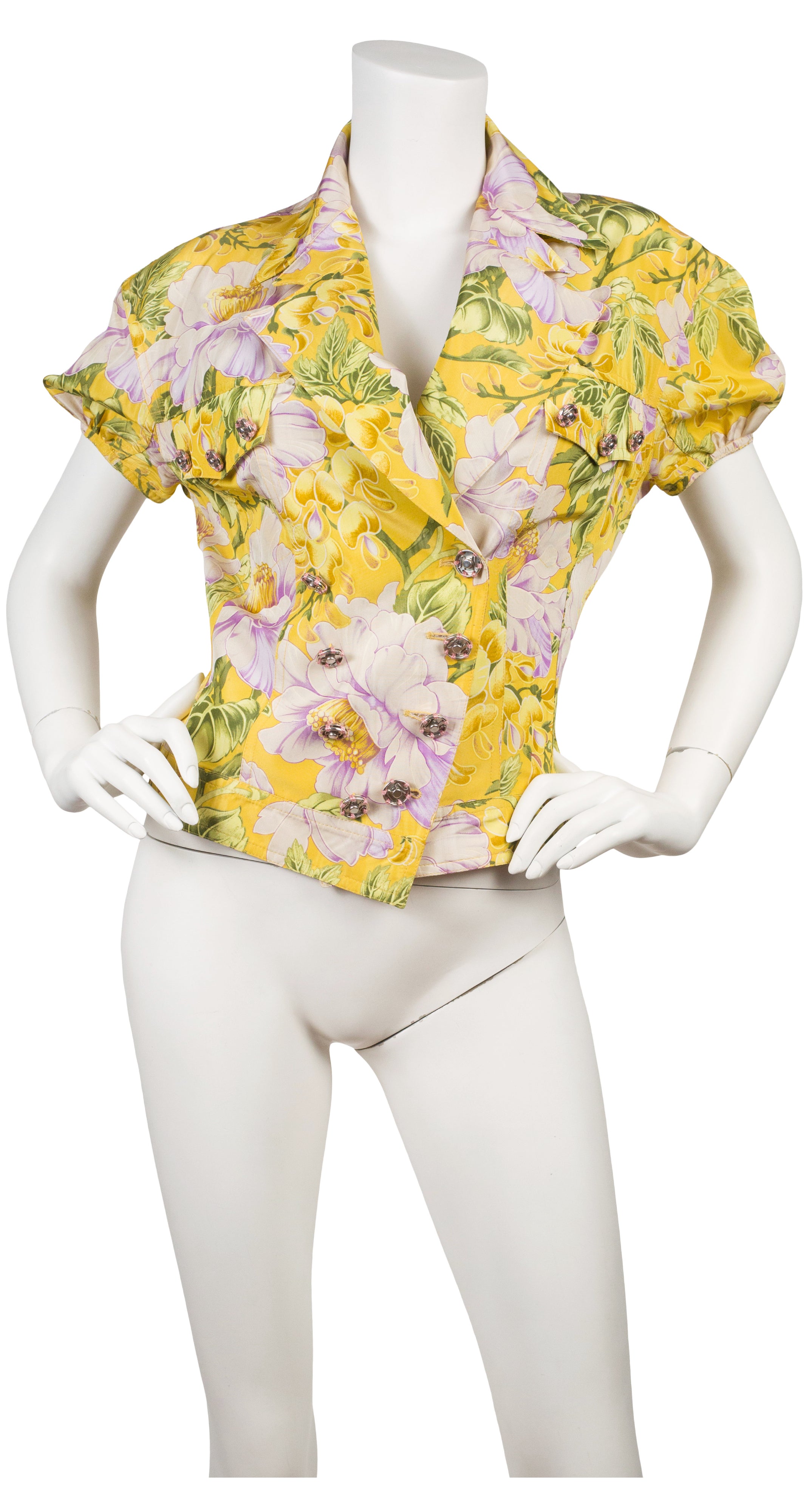 2000s Peony Floral Yellow Silk Short-Sleeve Jacket