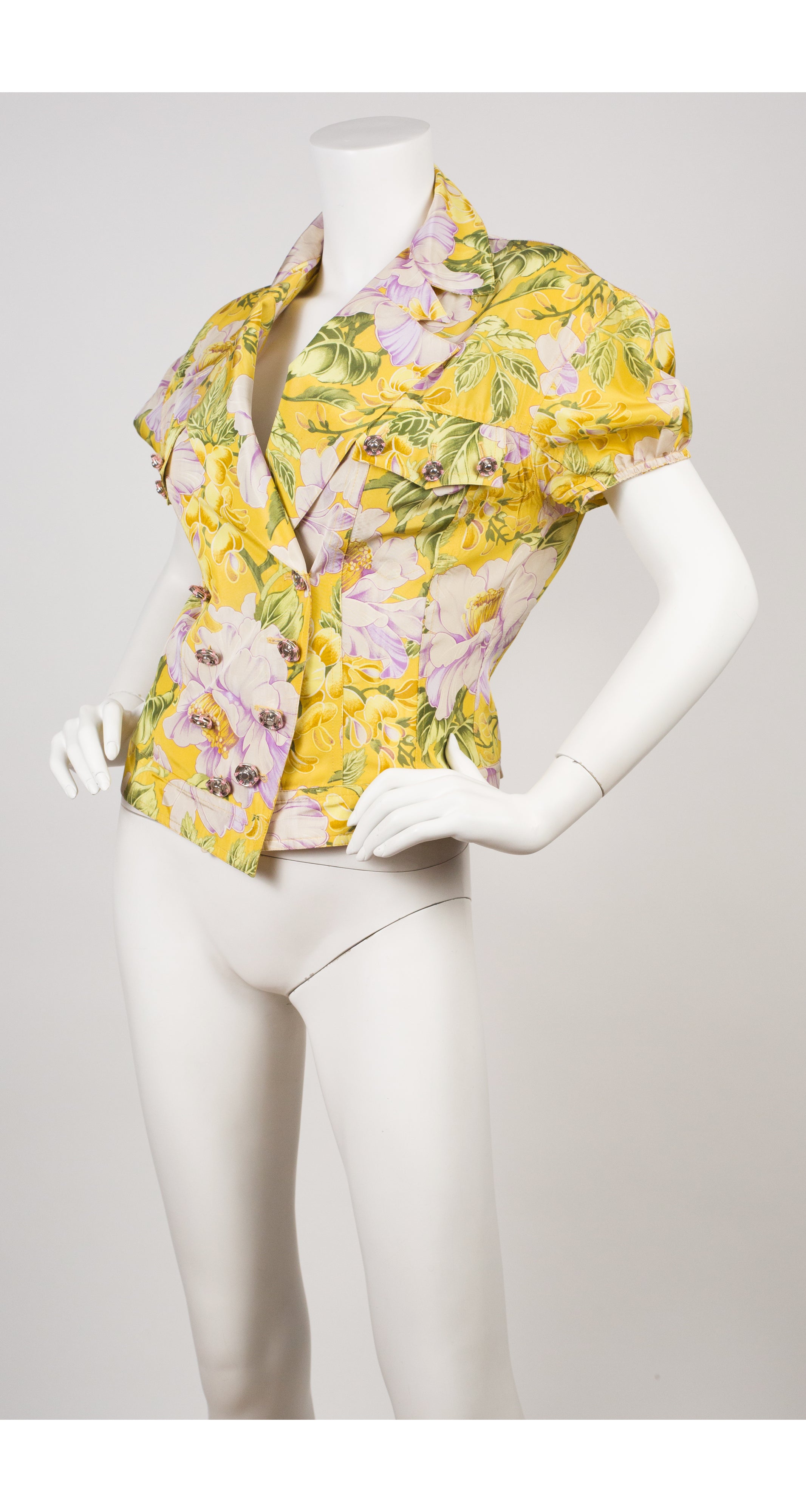 2000s Peony Floral Yellow Silk Short-Sleeve Jacket