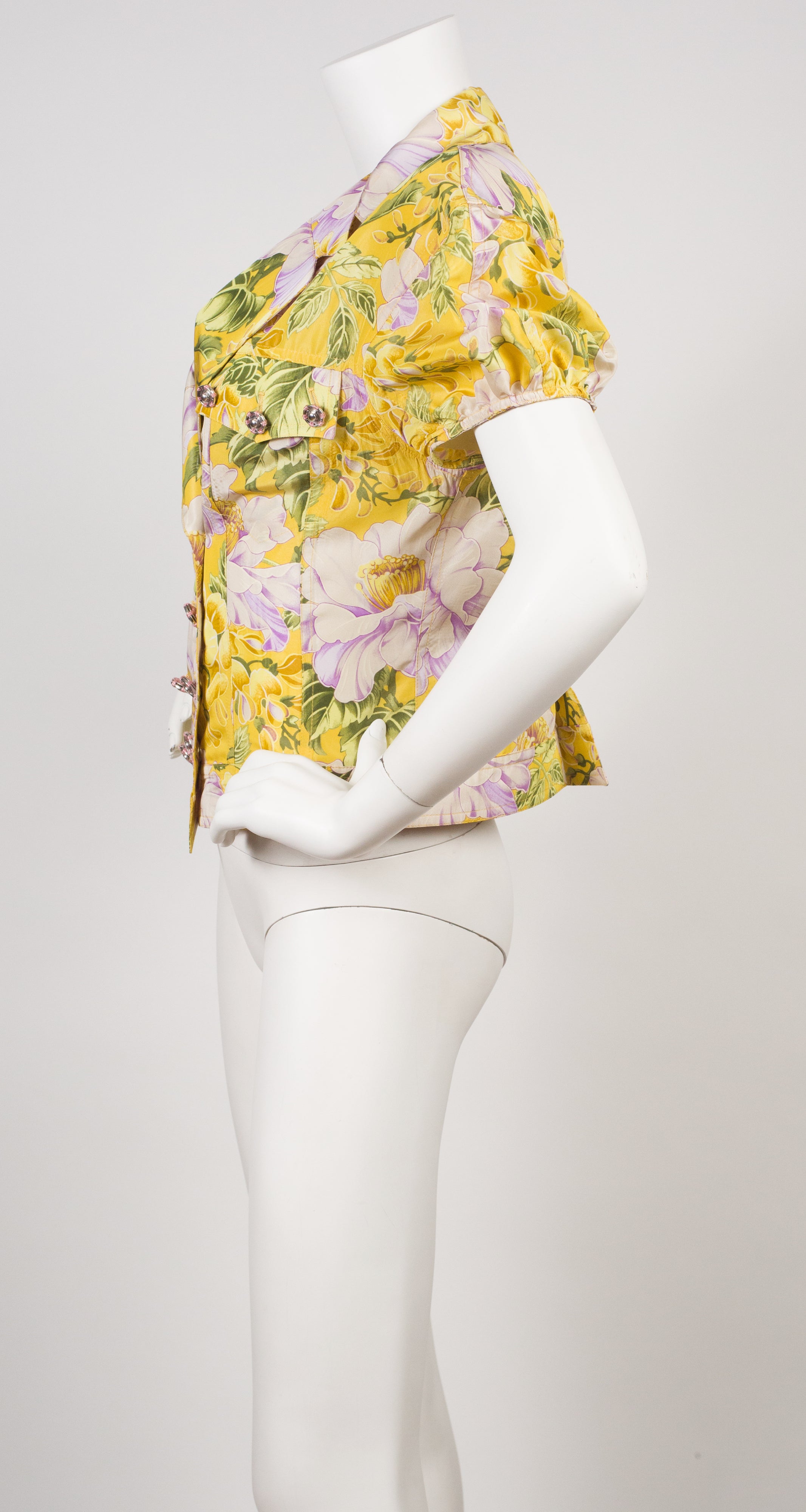 2000s Peony Floral Yellow Silk Short-Sleeve Jacket