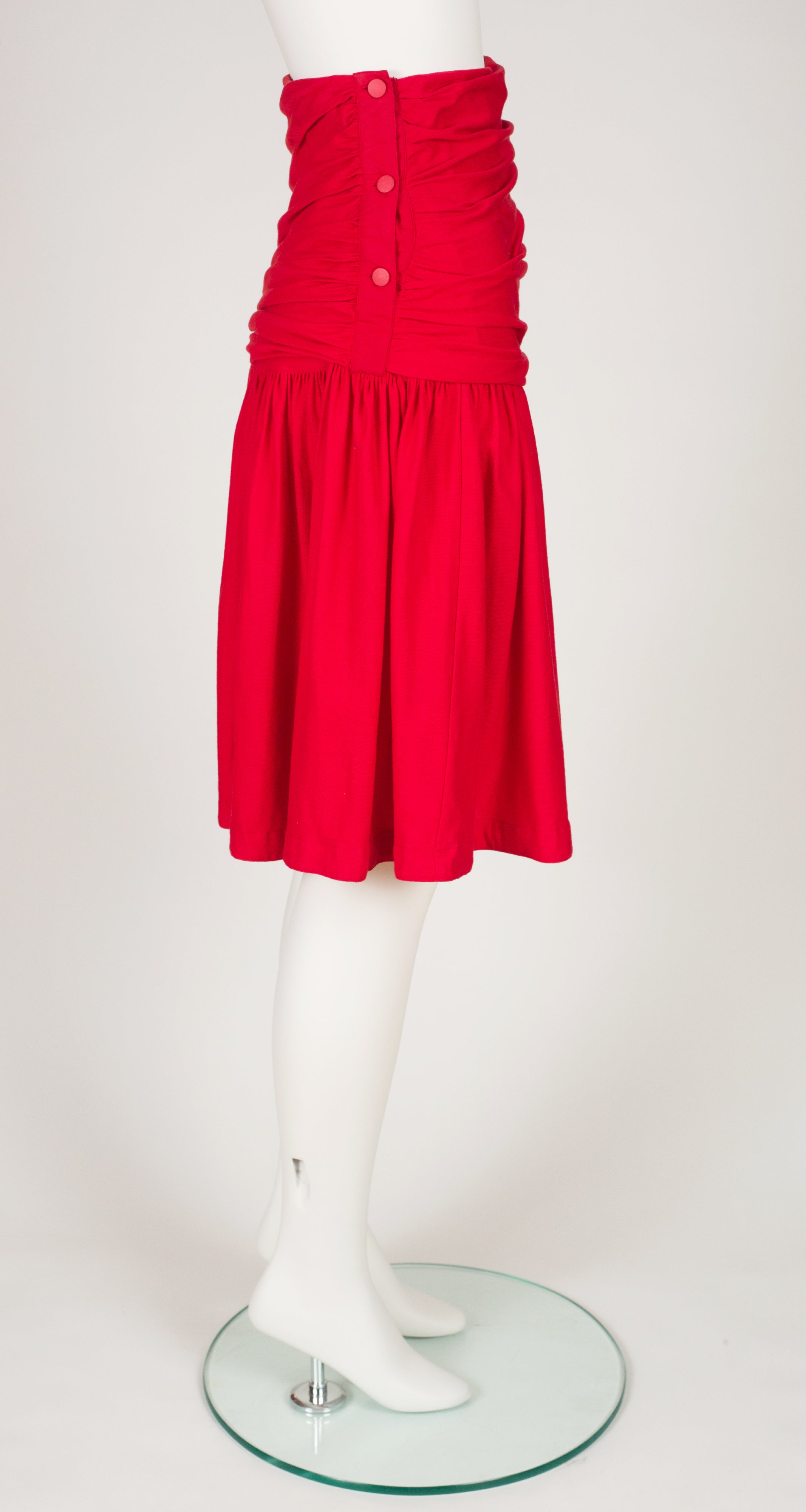 1980s Ruched Red Cotton High-Waisted Skirt
