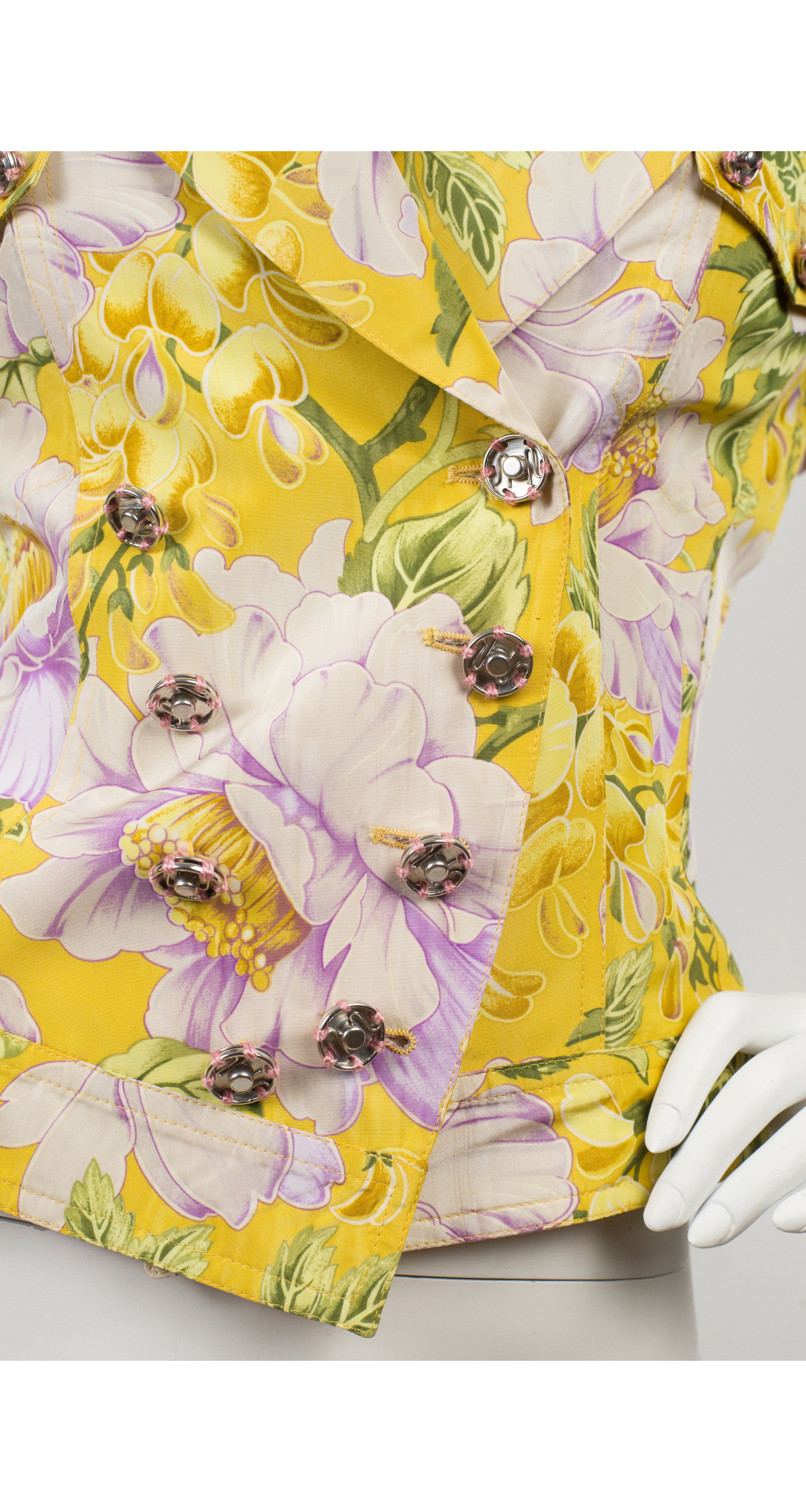 2000s Peony Floral Yellow Silk Short-Sleeve Jacket