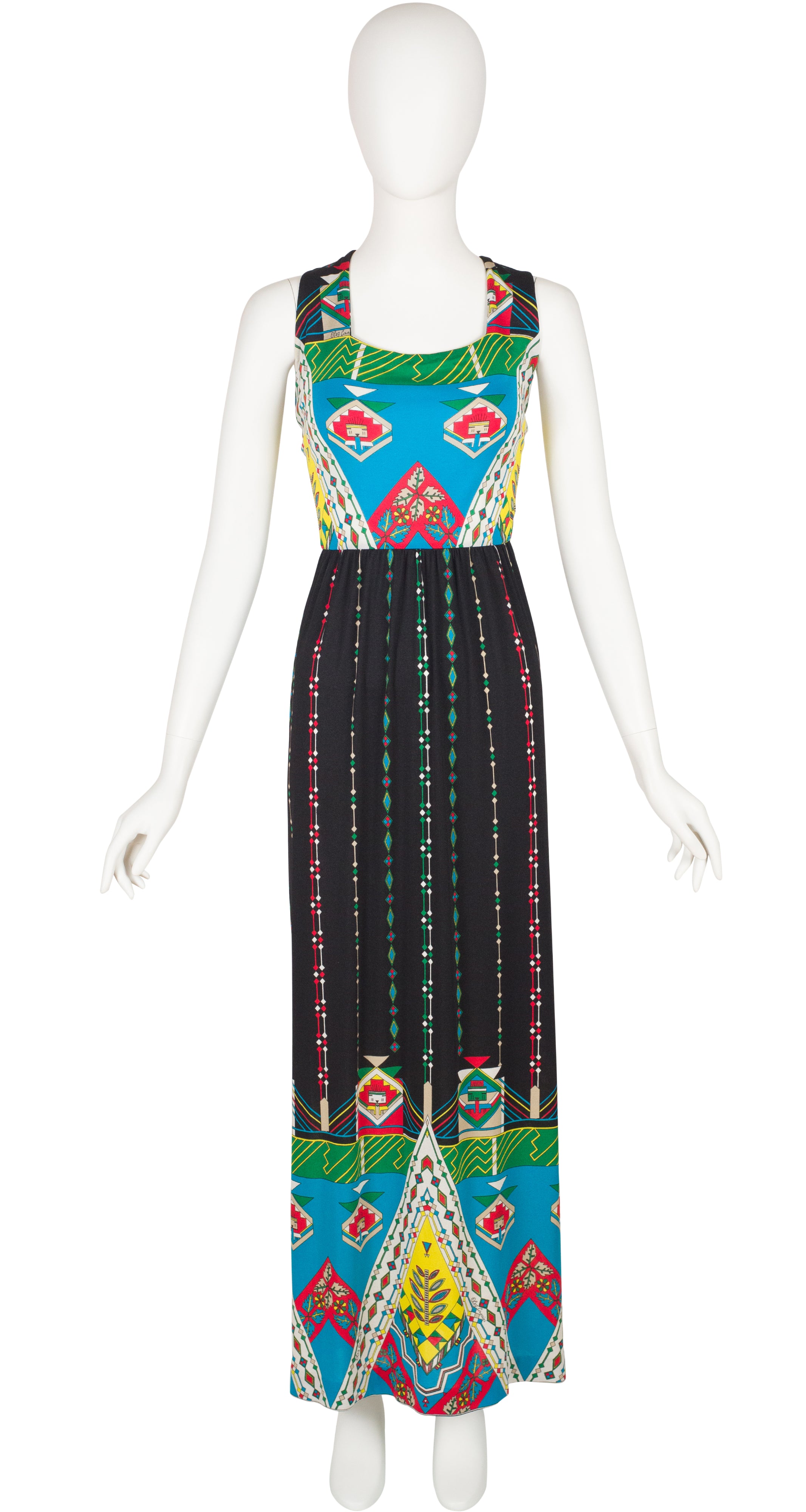 1970s Geometric Black Jersey Cross Back Maxi Dress