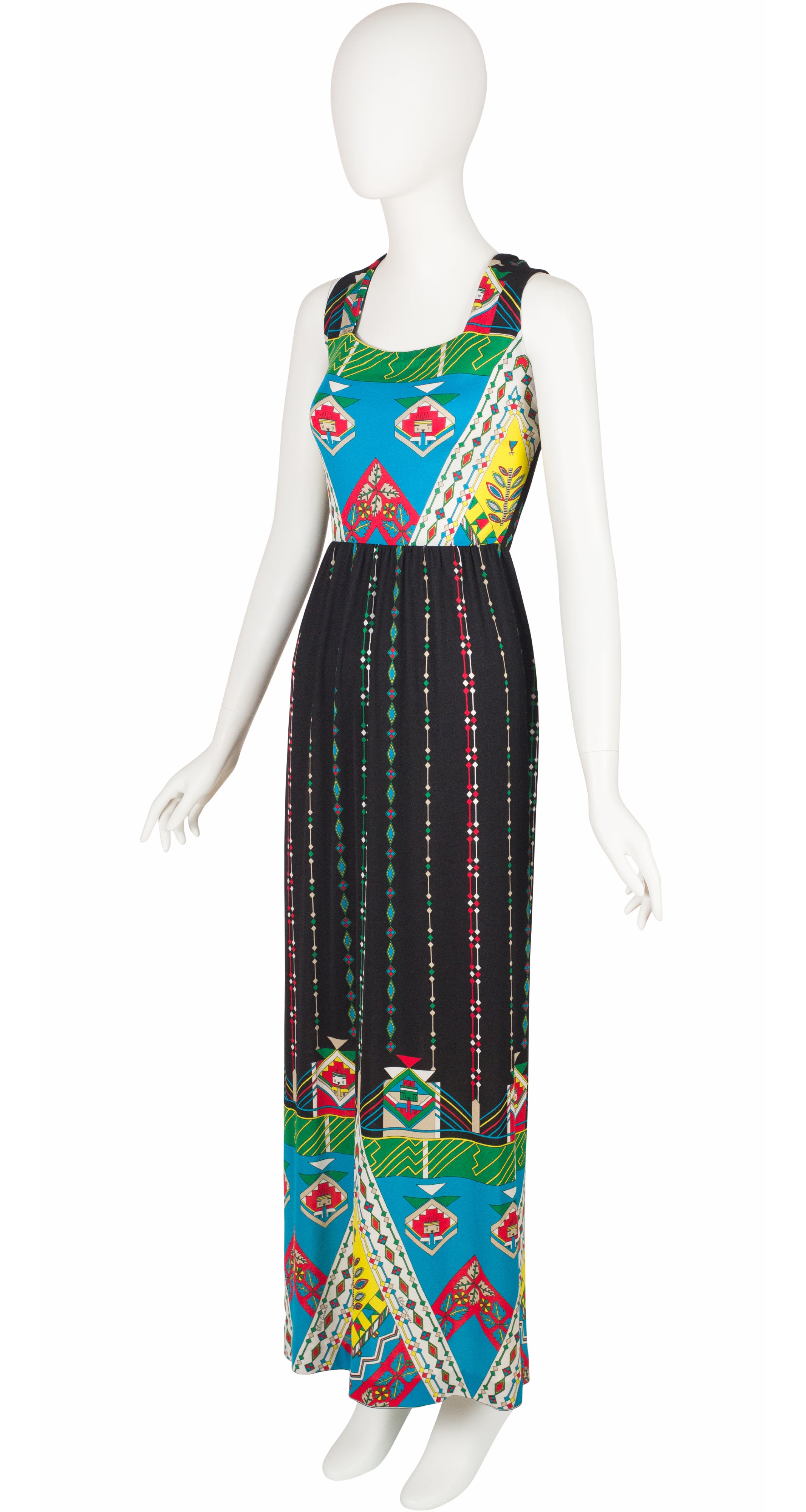 1970s Geometric Black Jersey Cross Back Maxi Dress