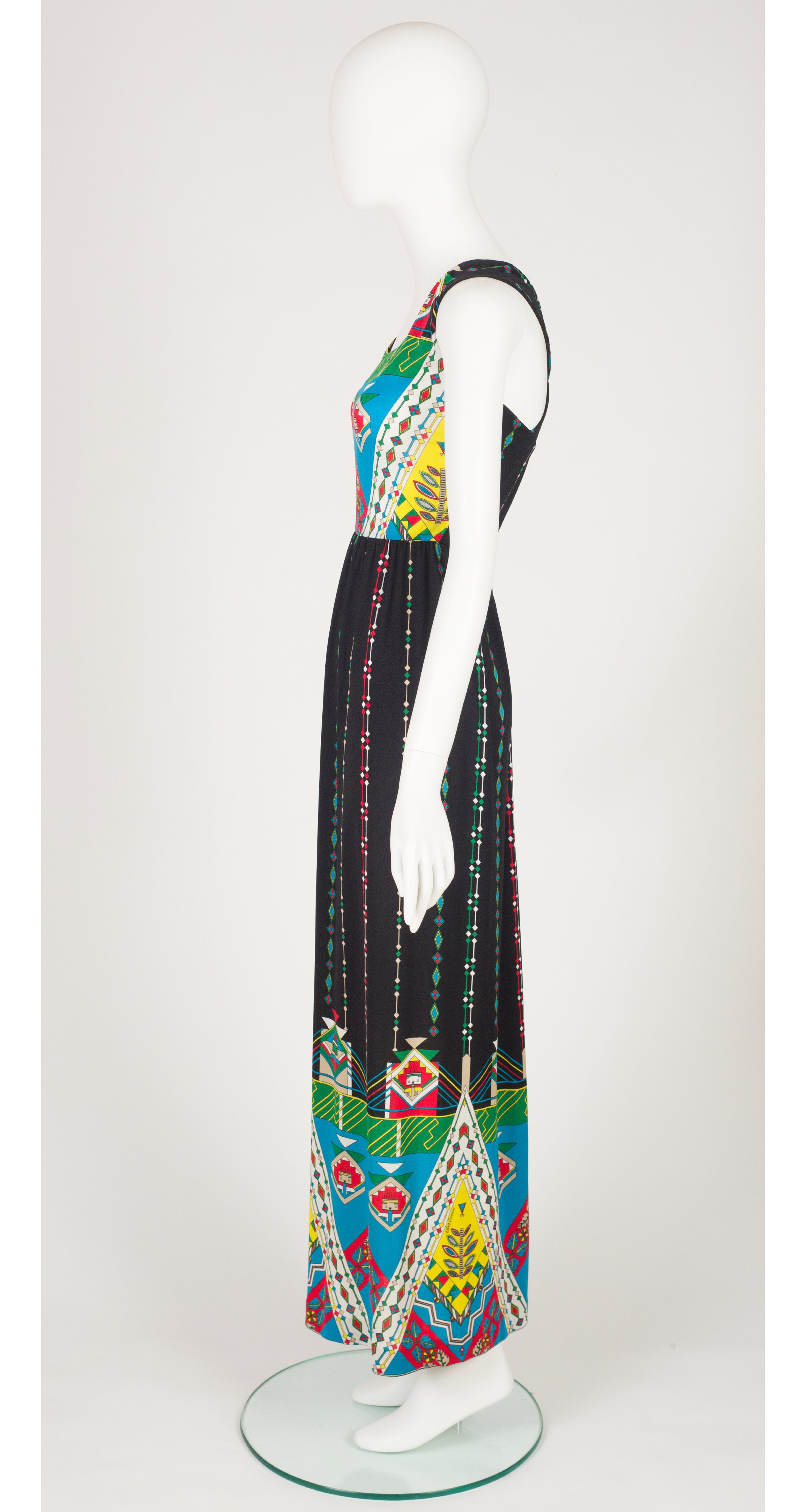 1970s Geometric Black Jersey Cross Back Maxi Dress