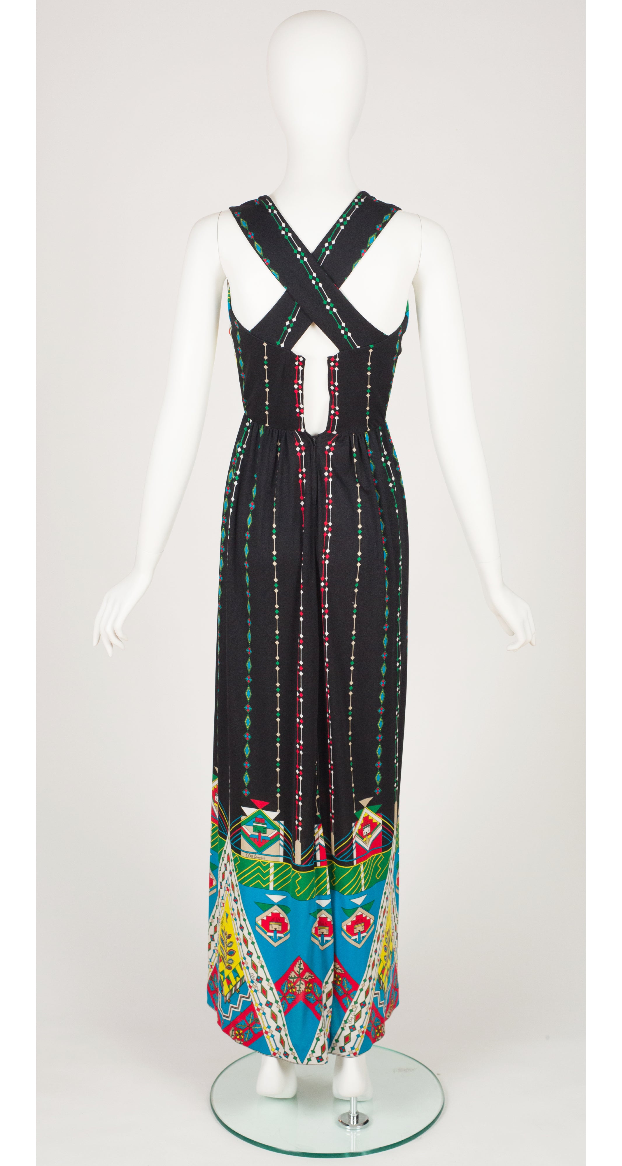 1970s Geometric Black Jersey Cross Back Maxi Dress