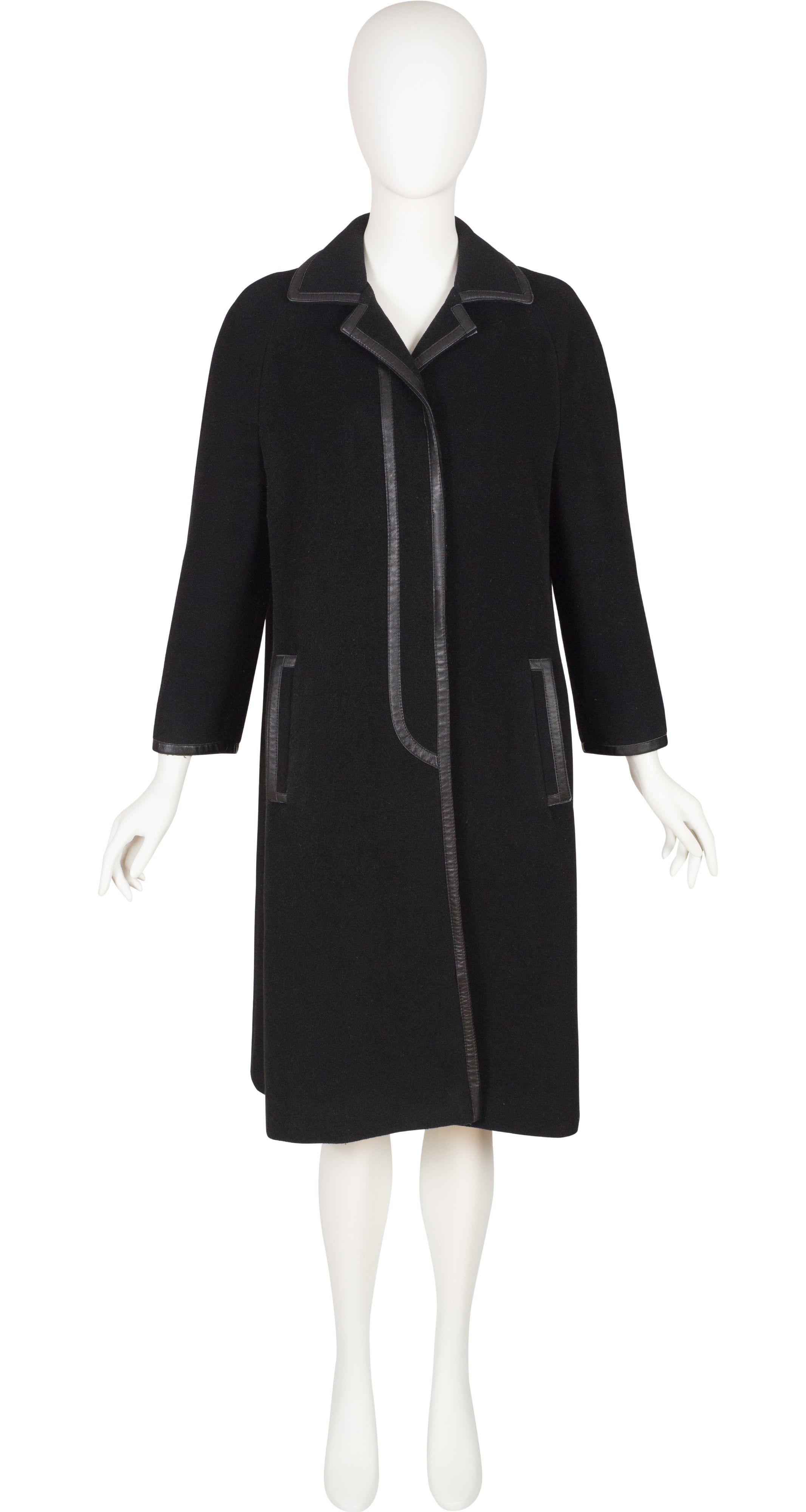 1970s Black Wool Leather Trimmed Collared Coat