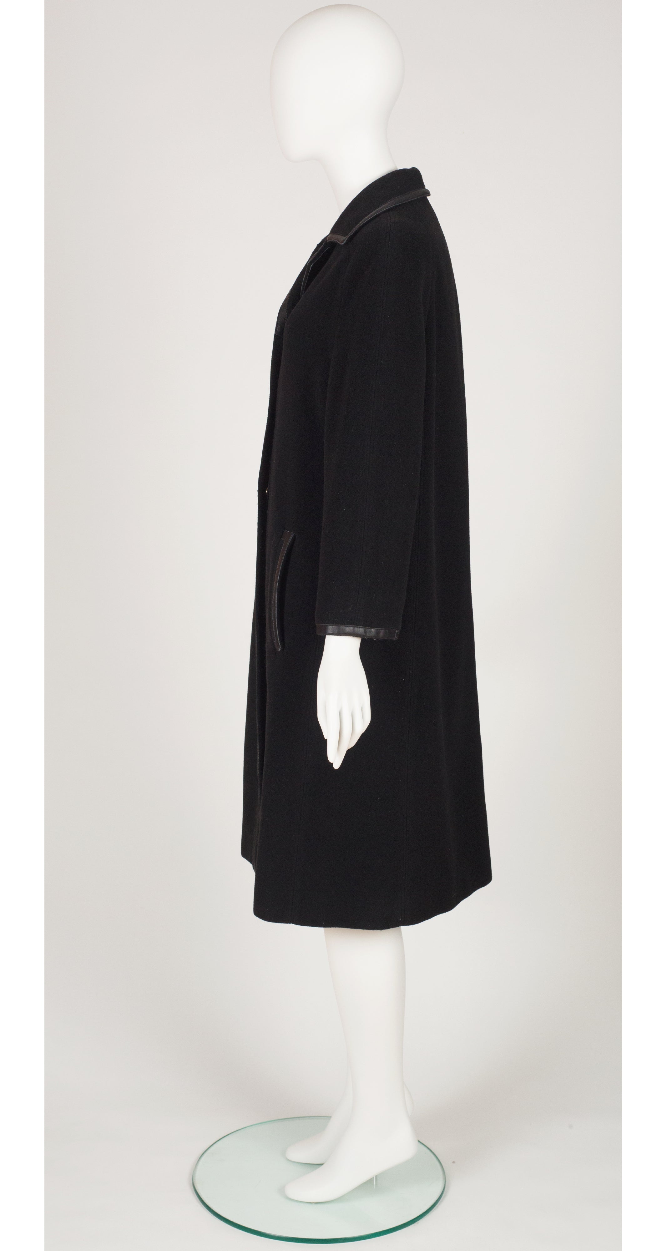 1970s Black Wool Leather Trimmed Collared Coat