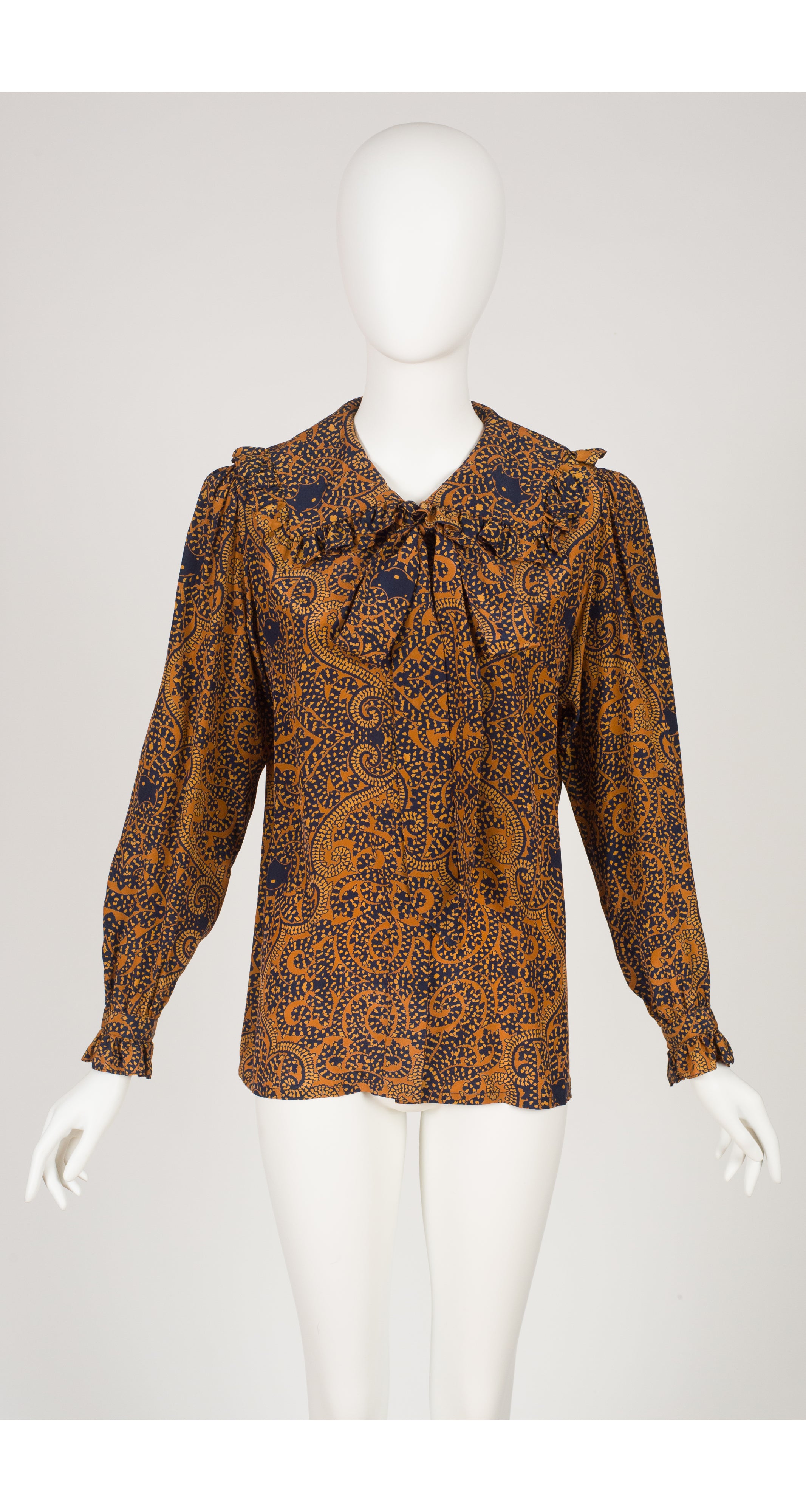 1981 S/S Printed Silk Ruffle Blouse & Pleated Skirt Set