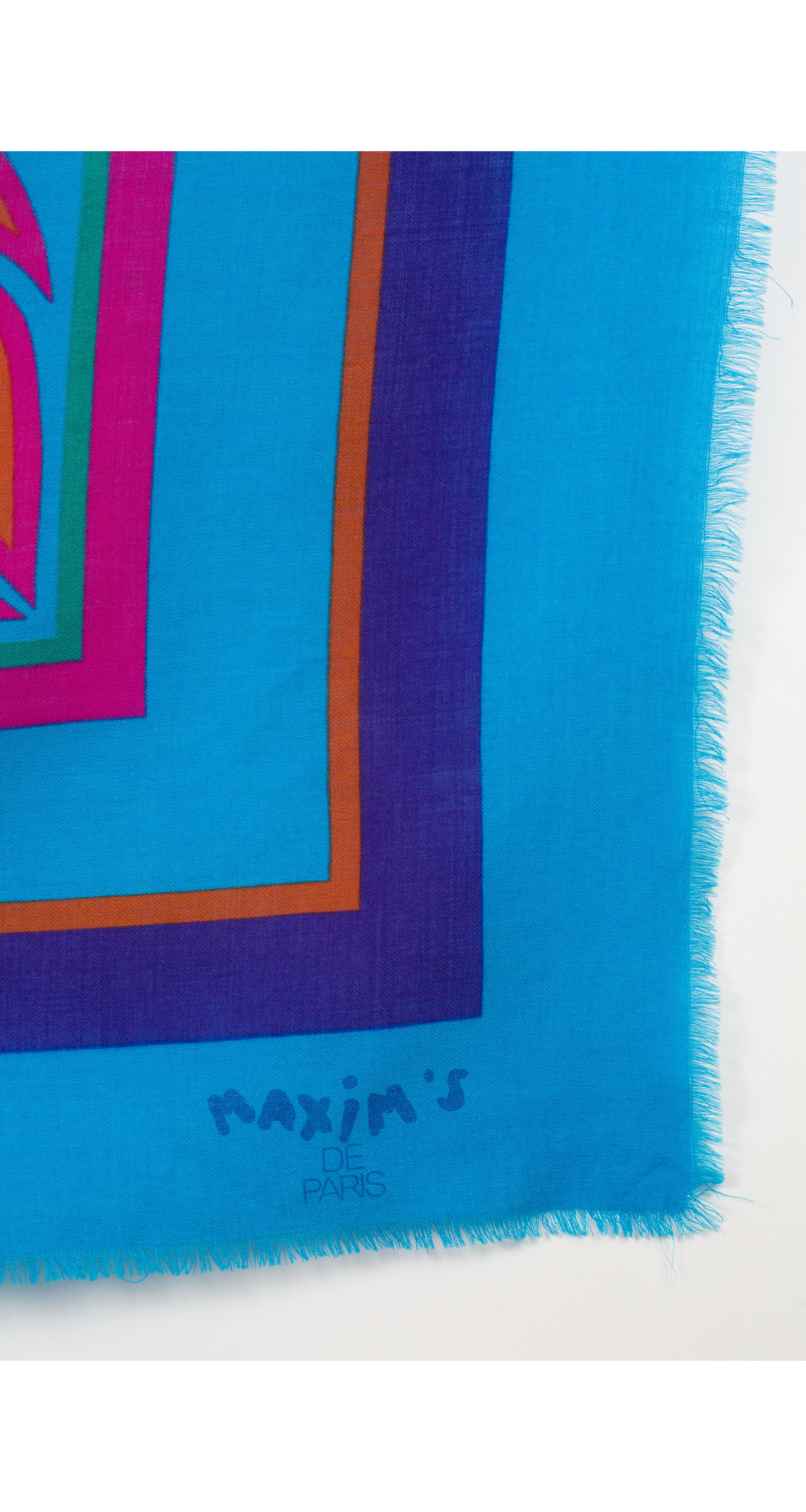 1970s Huge Geometric Floral Blue Wool Shawl