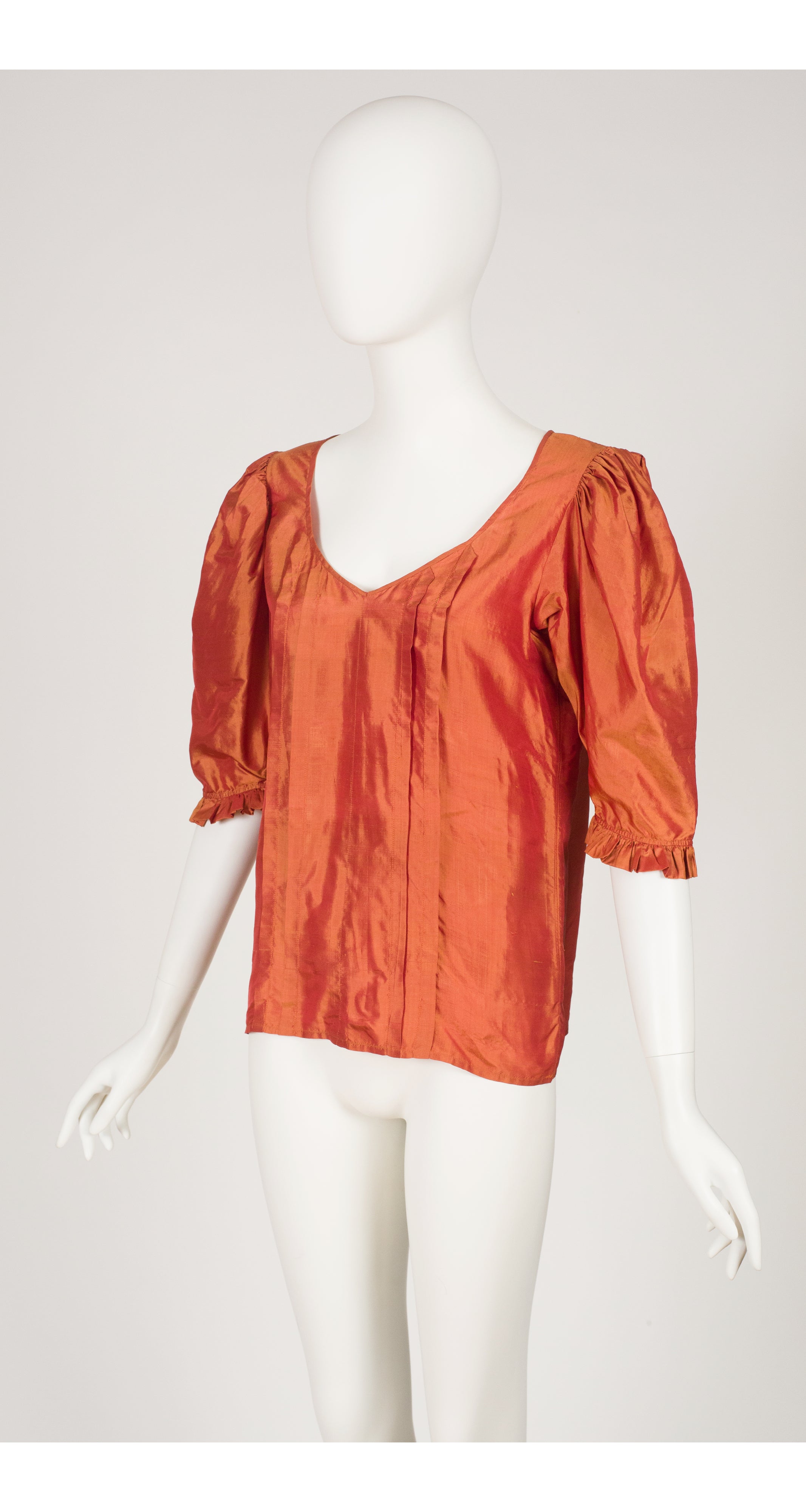 1980s Iridescent Burnt Orange Silk Taffeta Puff Sleeve Blouse