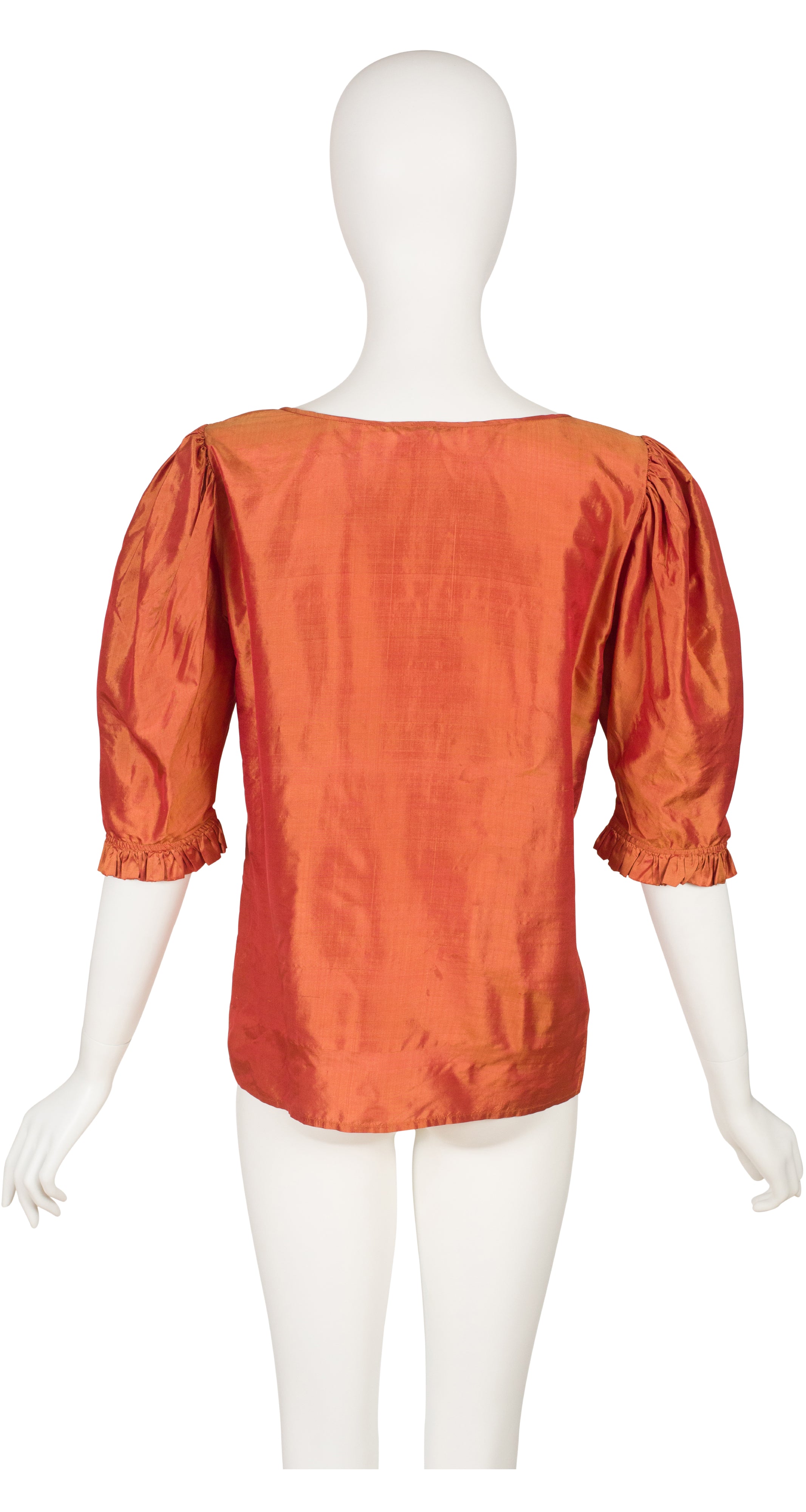 1980s Iridescent Burnt Orange Silk Taffeta Puff Sleeve Blouse