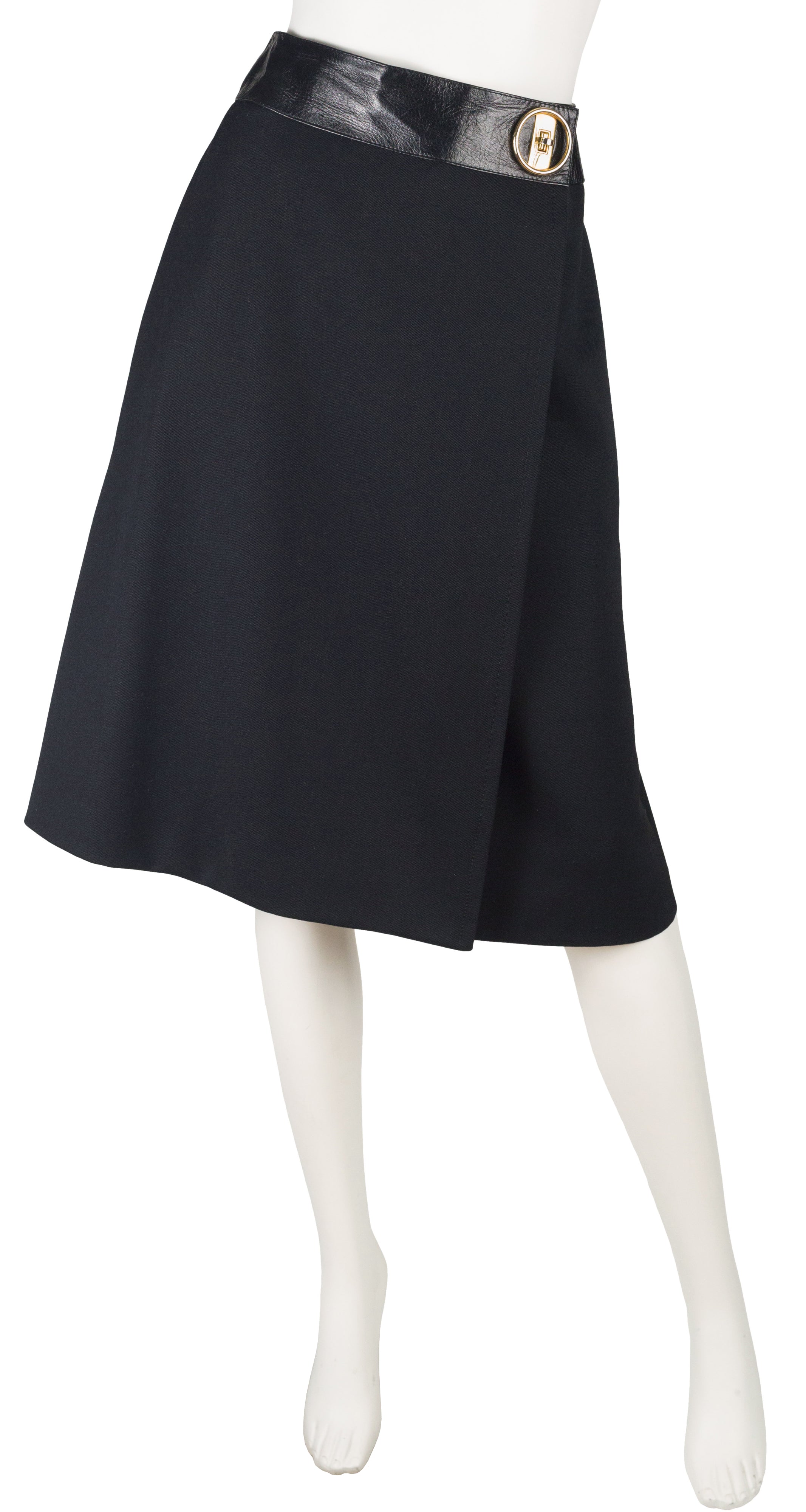 1971 Documented Mod Black Wool & Leather Skirt