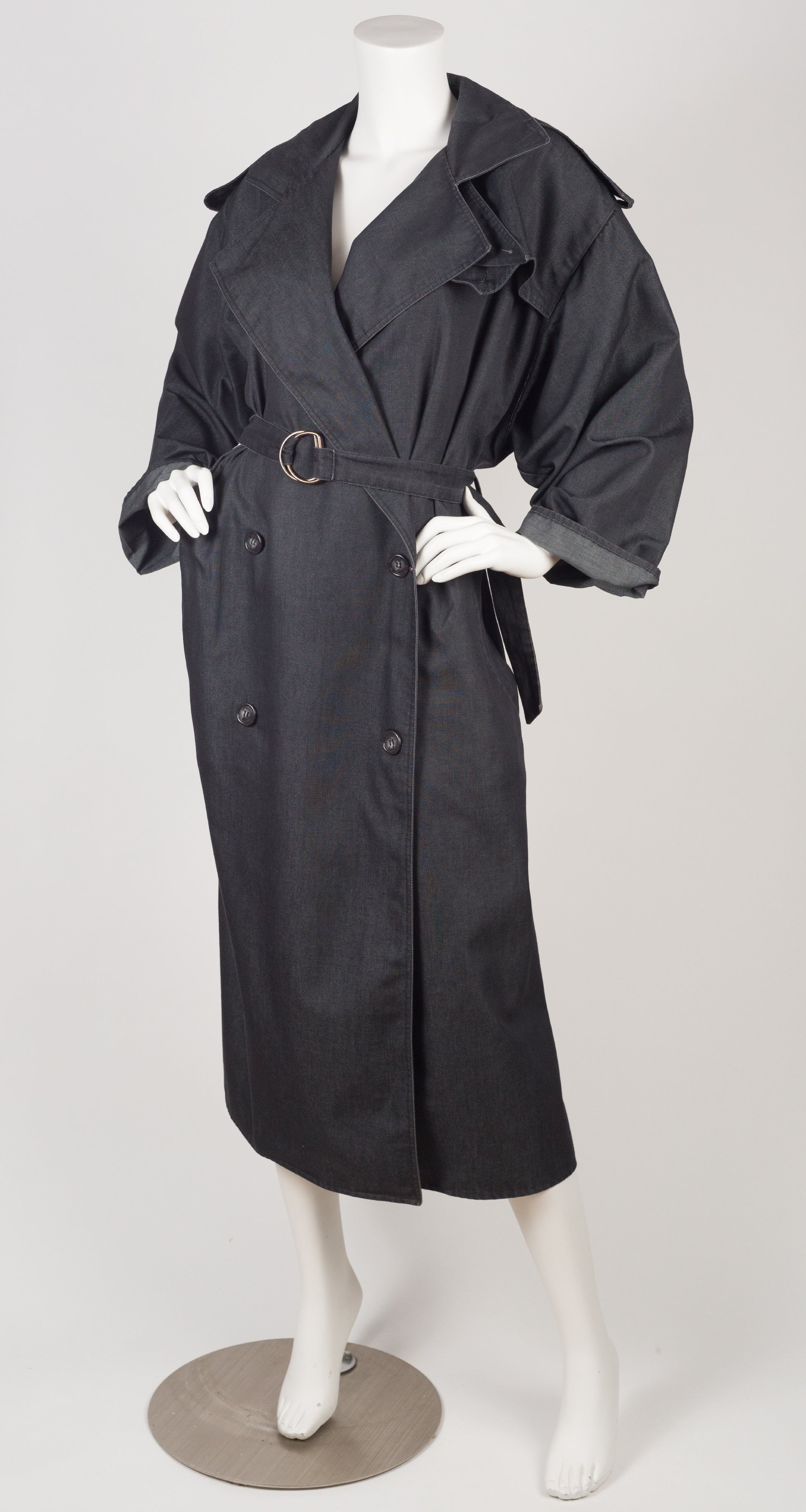 1980s Dark Gray Denim Trench Coat