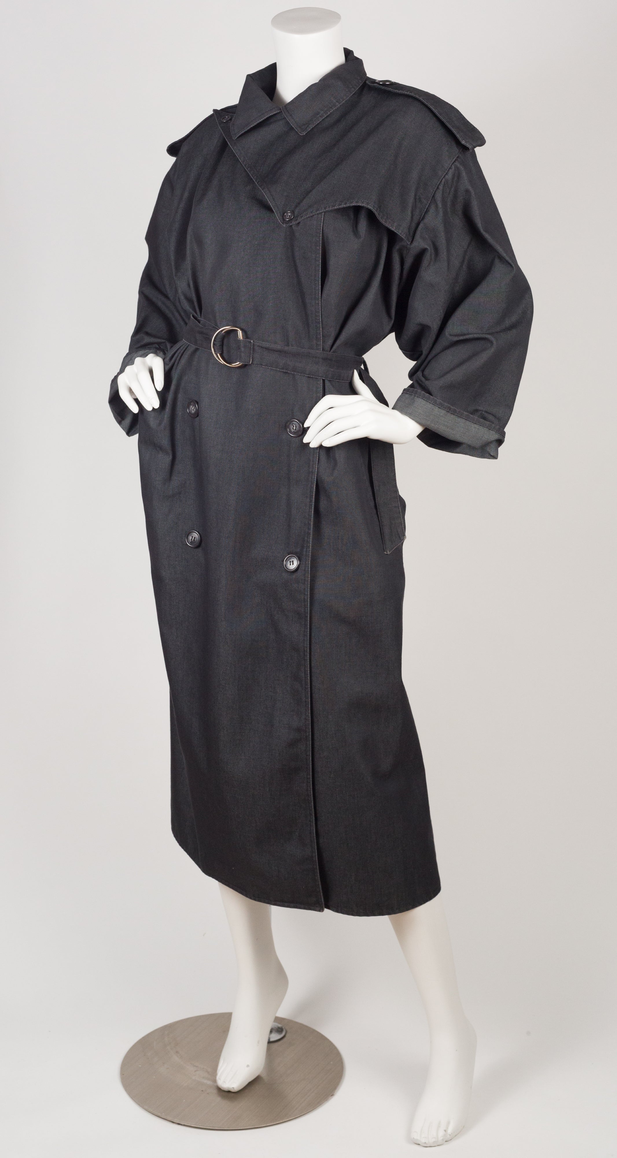 1980s Dark Gray Denim Trench Coat