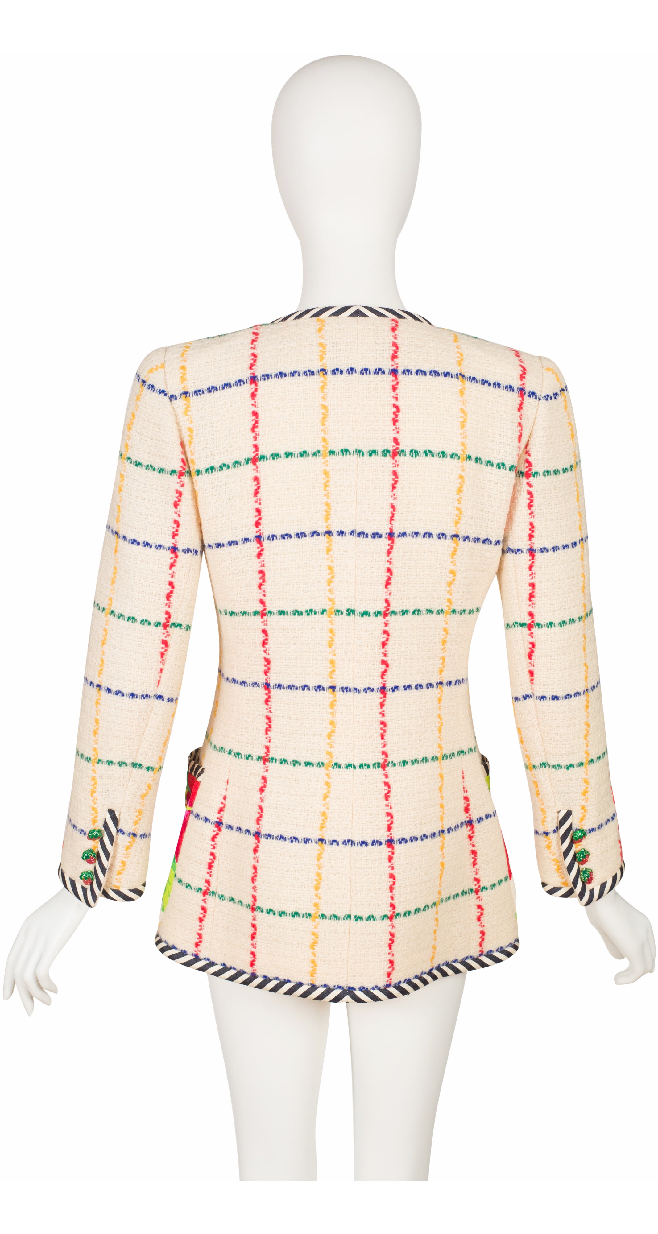 1993 S/S Hibiscus Silk Plaid Cream Wool Double-Breasted Jacket