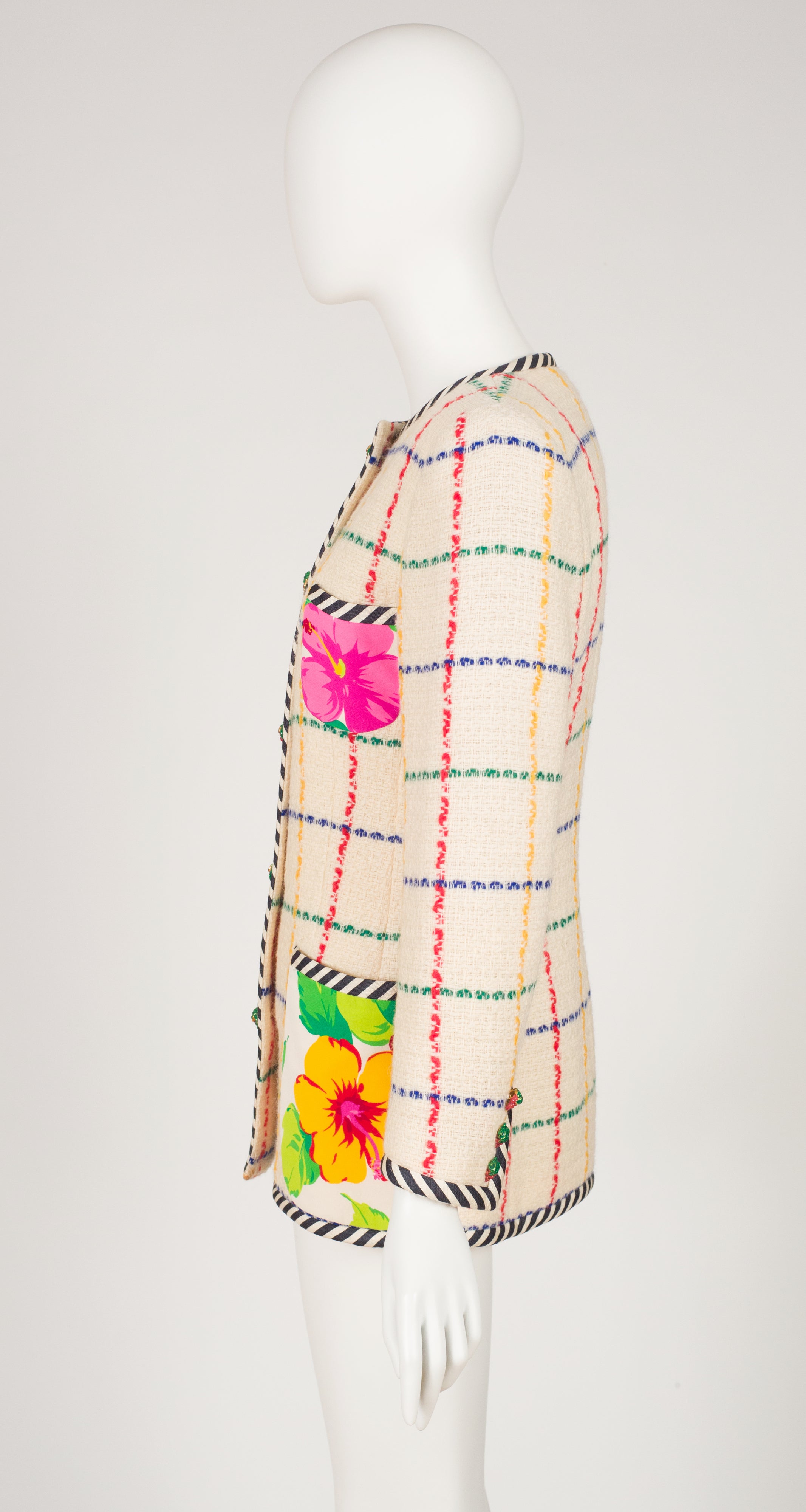 1993 S/S Hibiscus Silk Plaid Cream Wool Double-Breasted Jacket