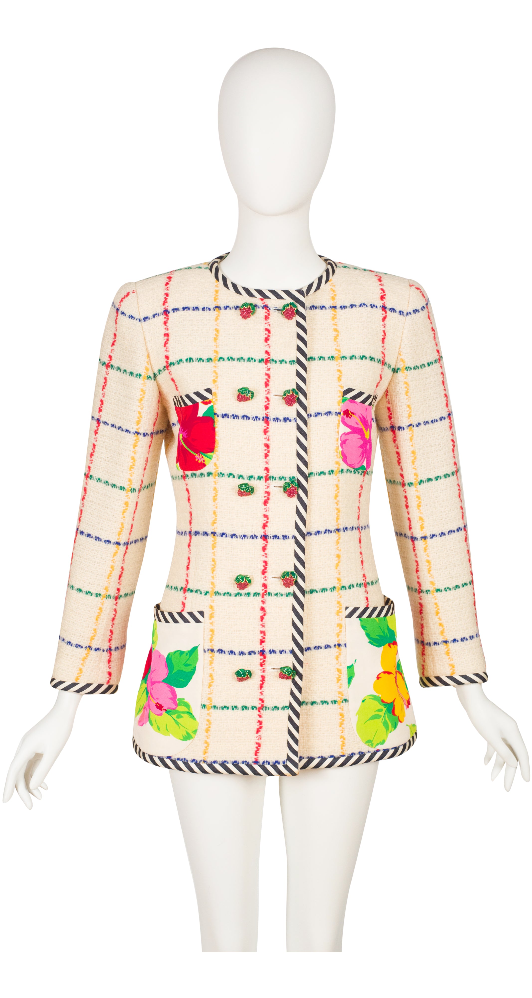 1993 S/S Hibiscus Silk Plaid Cream Wool Double-Breasted Jacket