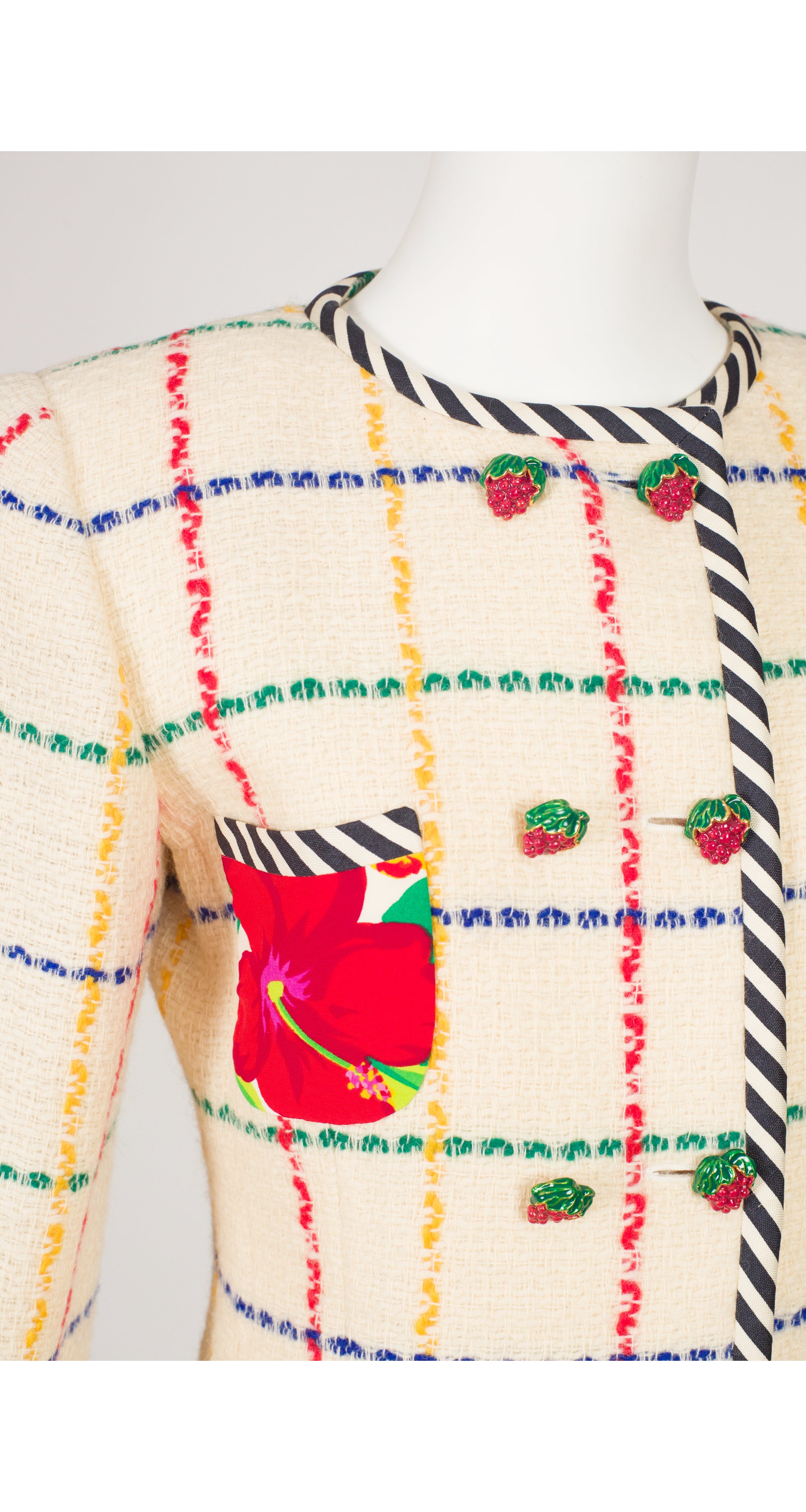 1993 S/S Hibiscus Silk Plaid Cream Wool Double-Breasted Jacket