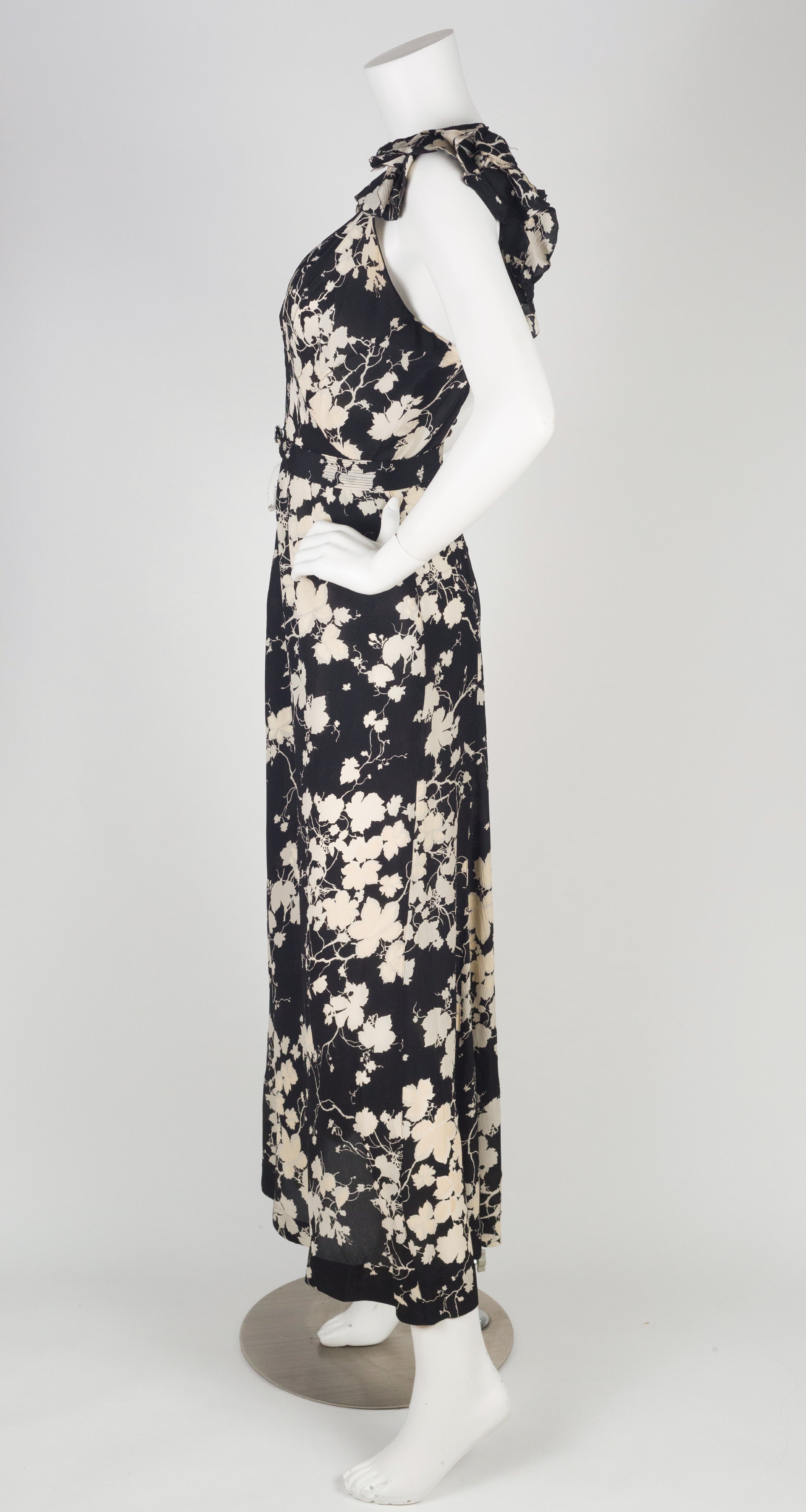 1930s French Black & Cream Floral Silk Crepe Gown