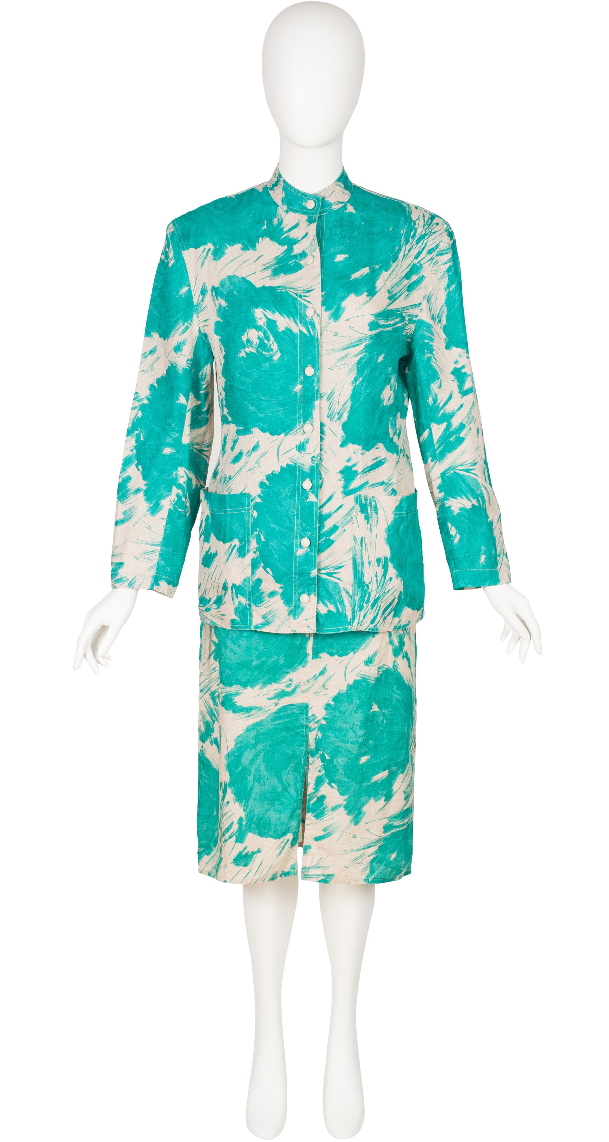 1980s Teal Graphic Linen Blouse & Skirt Set