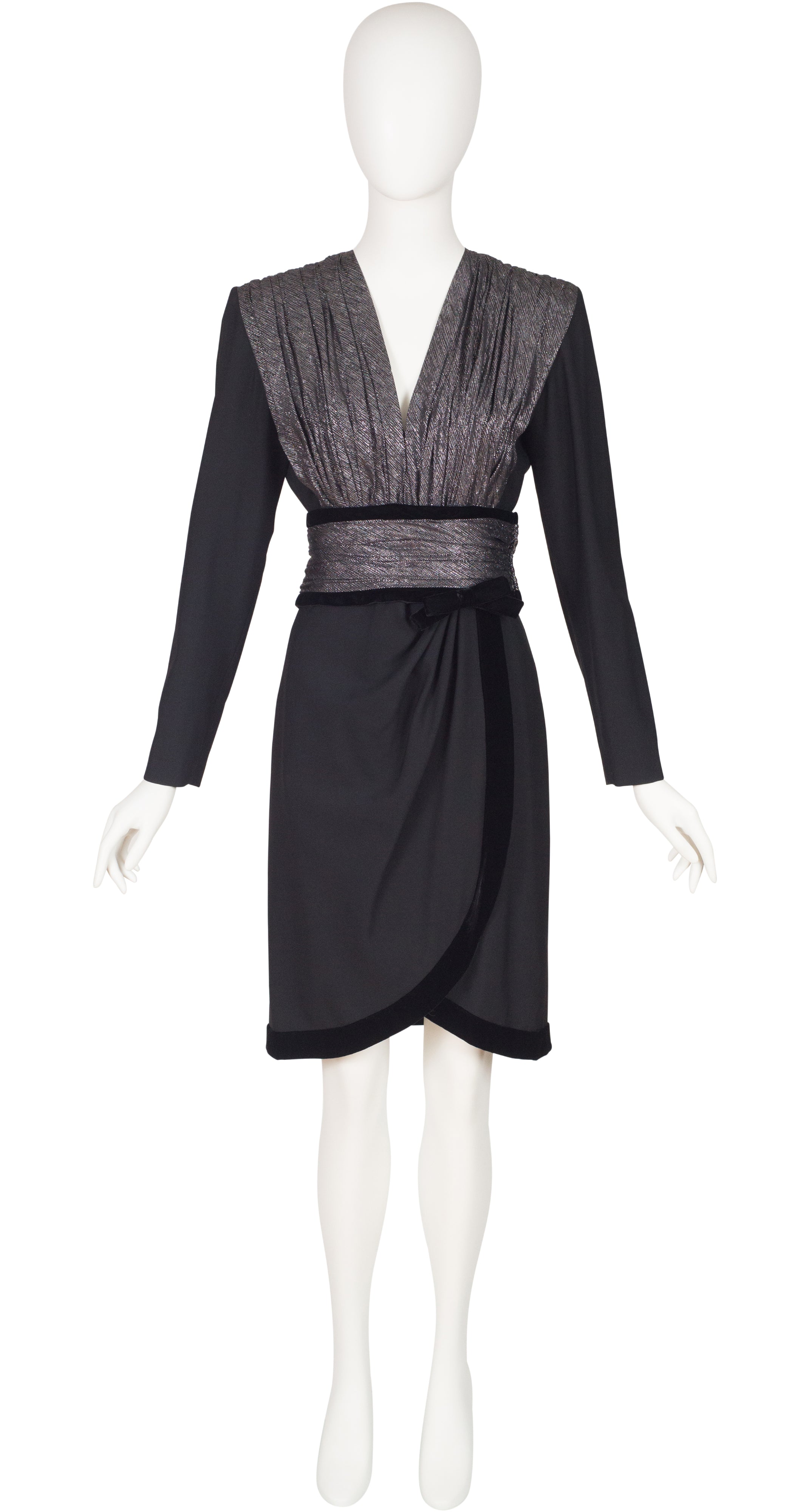 1980s Silver Metallic & Black Wool Cocktail Dress