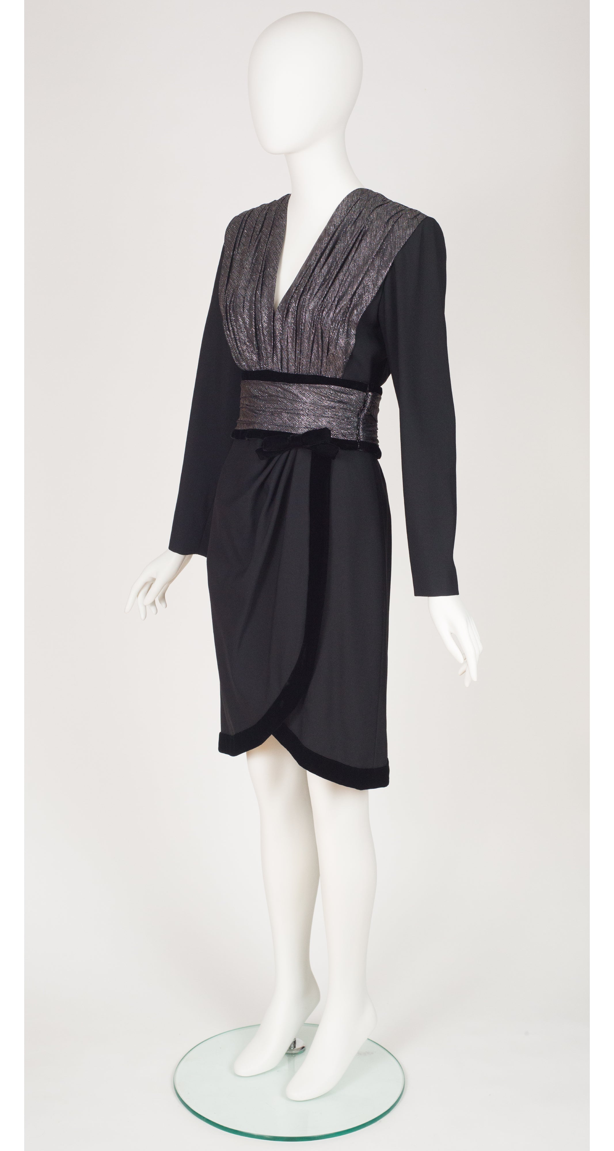 1980s Silver Metallic & Black Wool Cocktail Dress