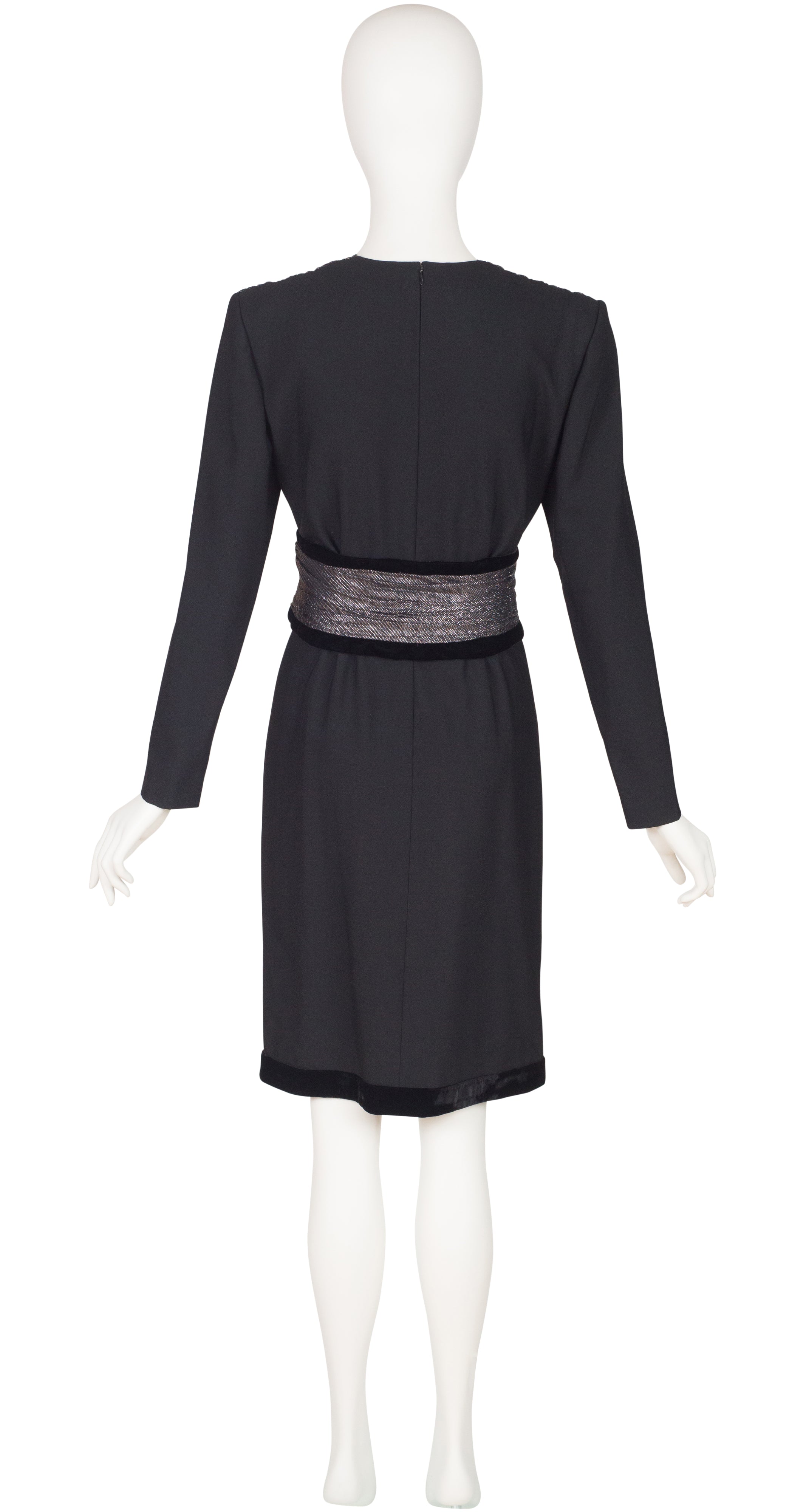 1980s Silver Metallic & Black Wool Cocktail Dress