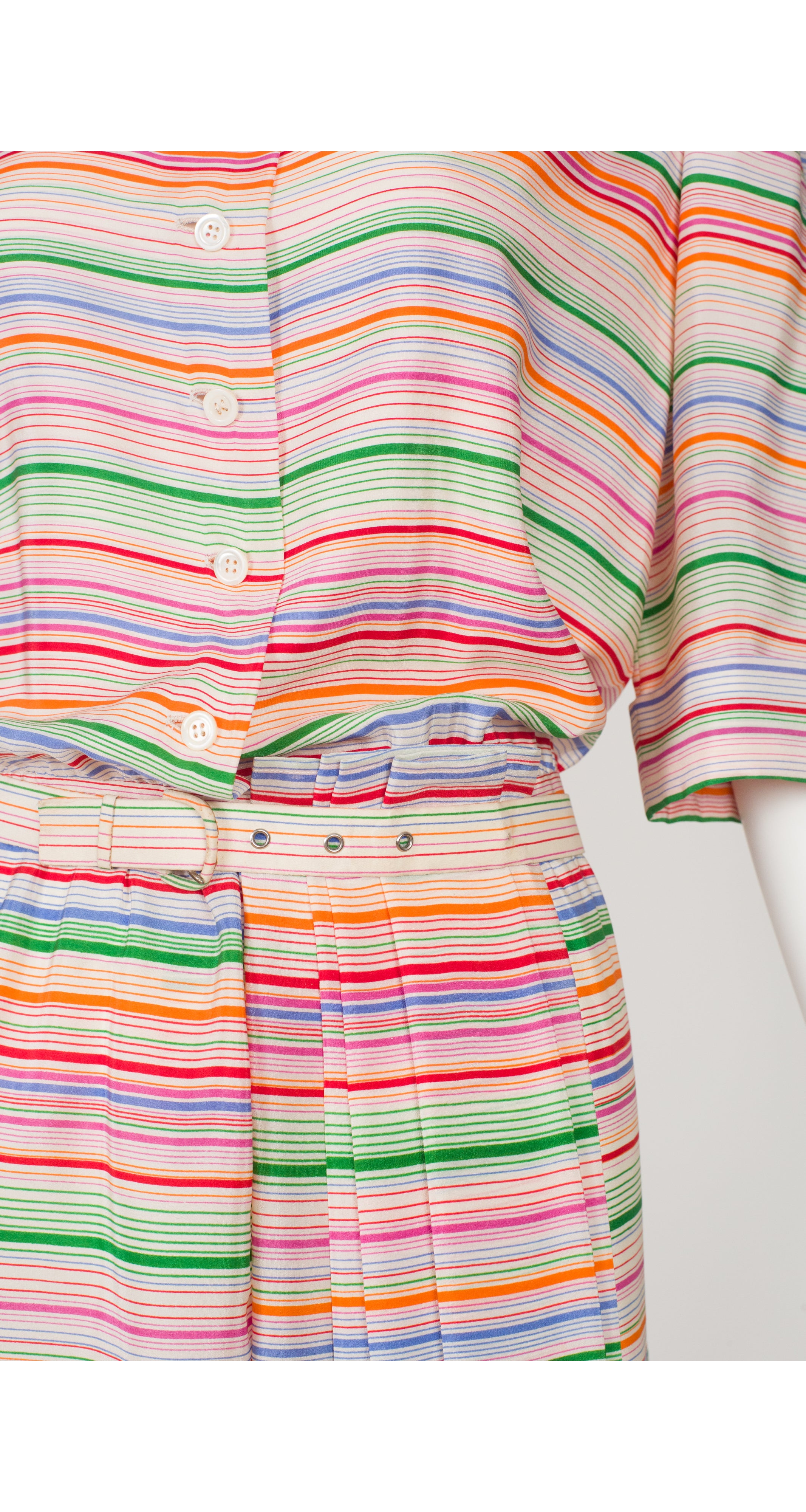 1970s Rainbow Striped Silk Pleated Shirt Dress