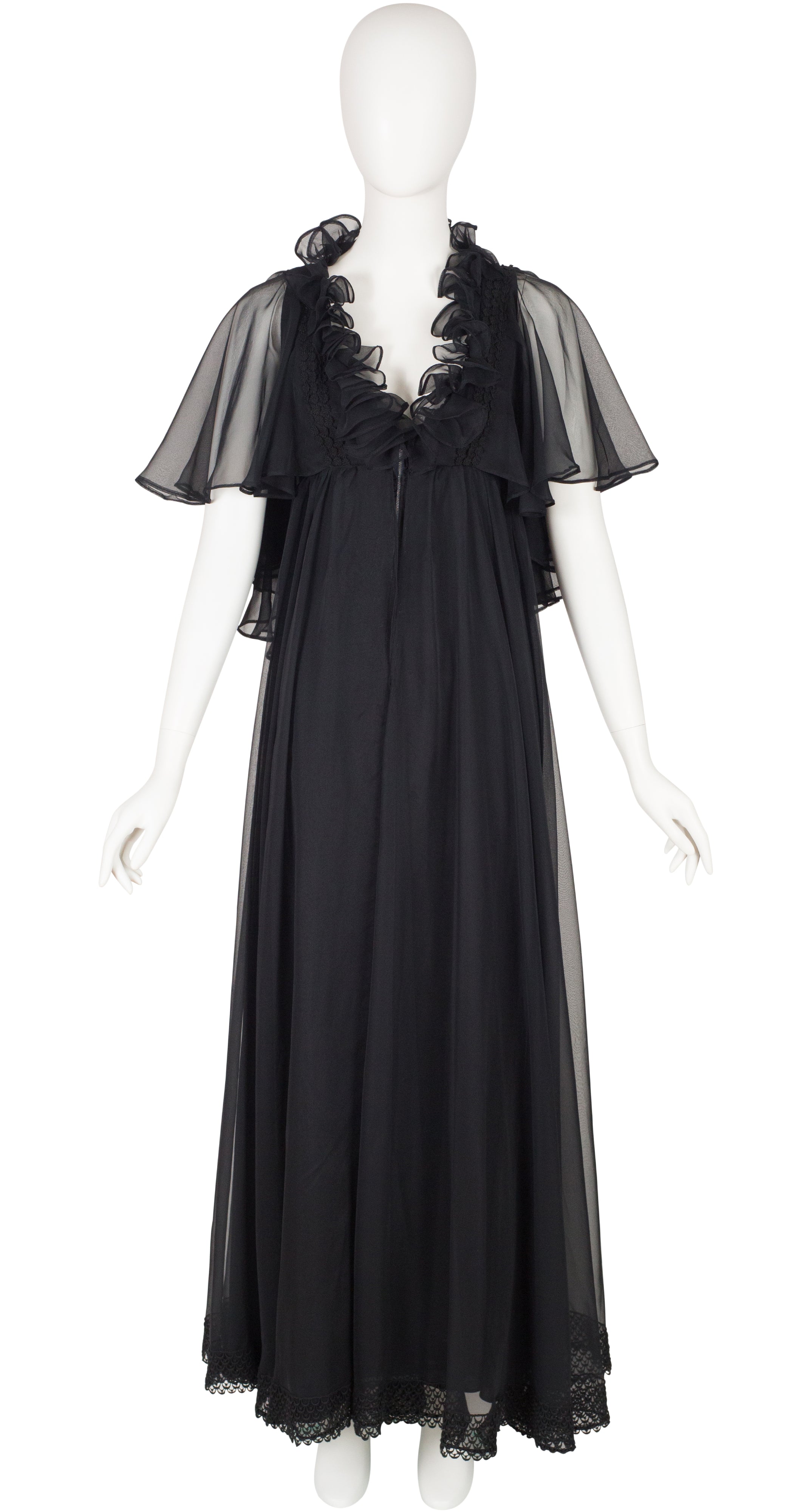 1970s Black Chiffon Ruffle Evening Gown