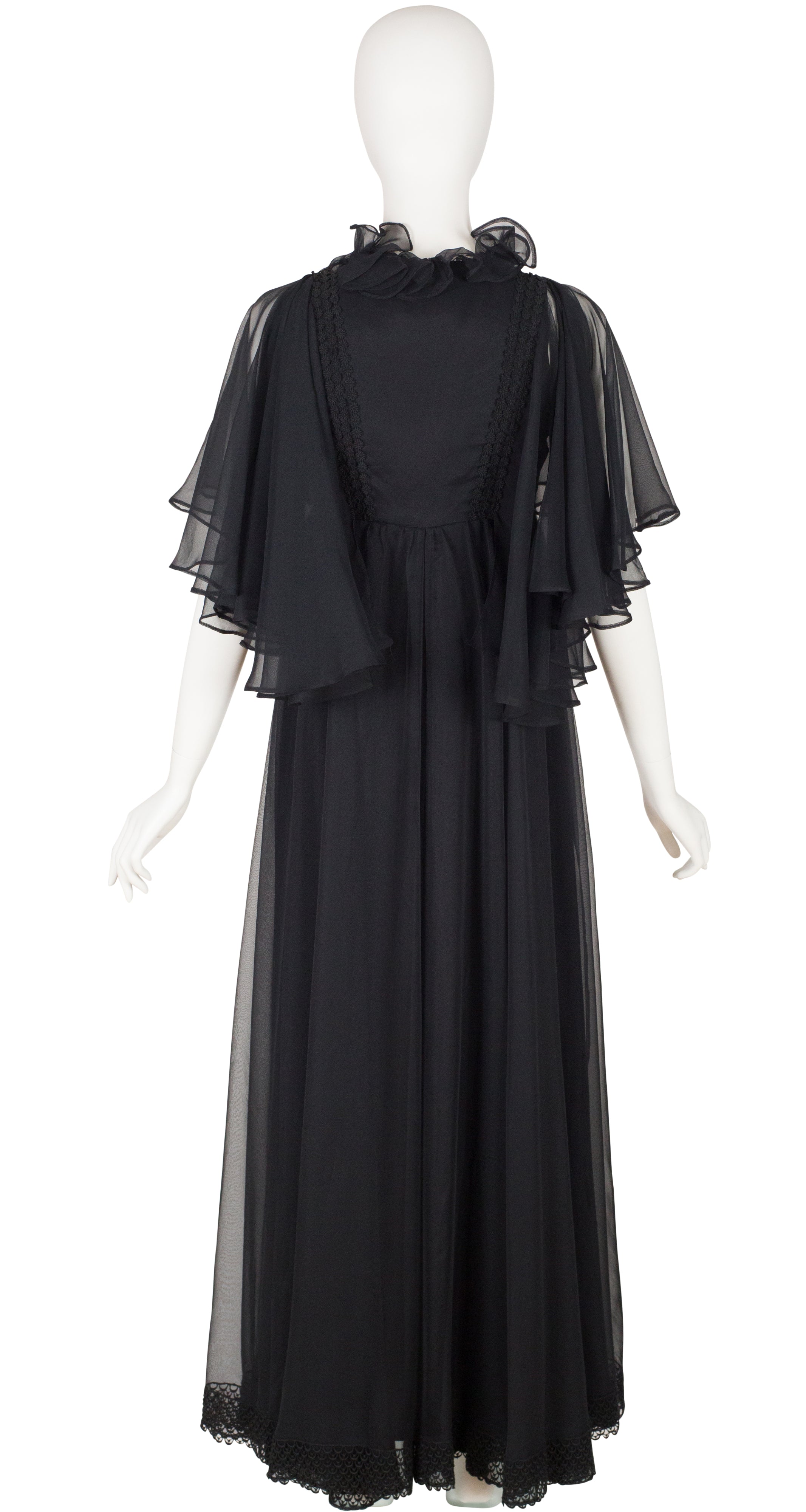 1970s Black Chiffon Ruffle Evening Gown
