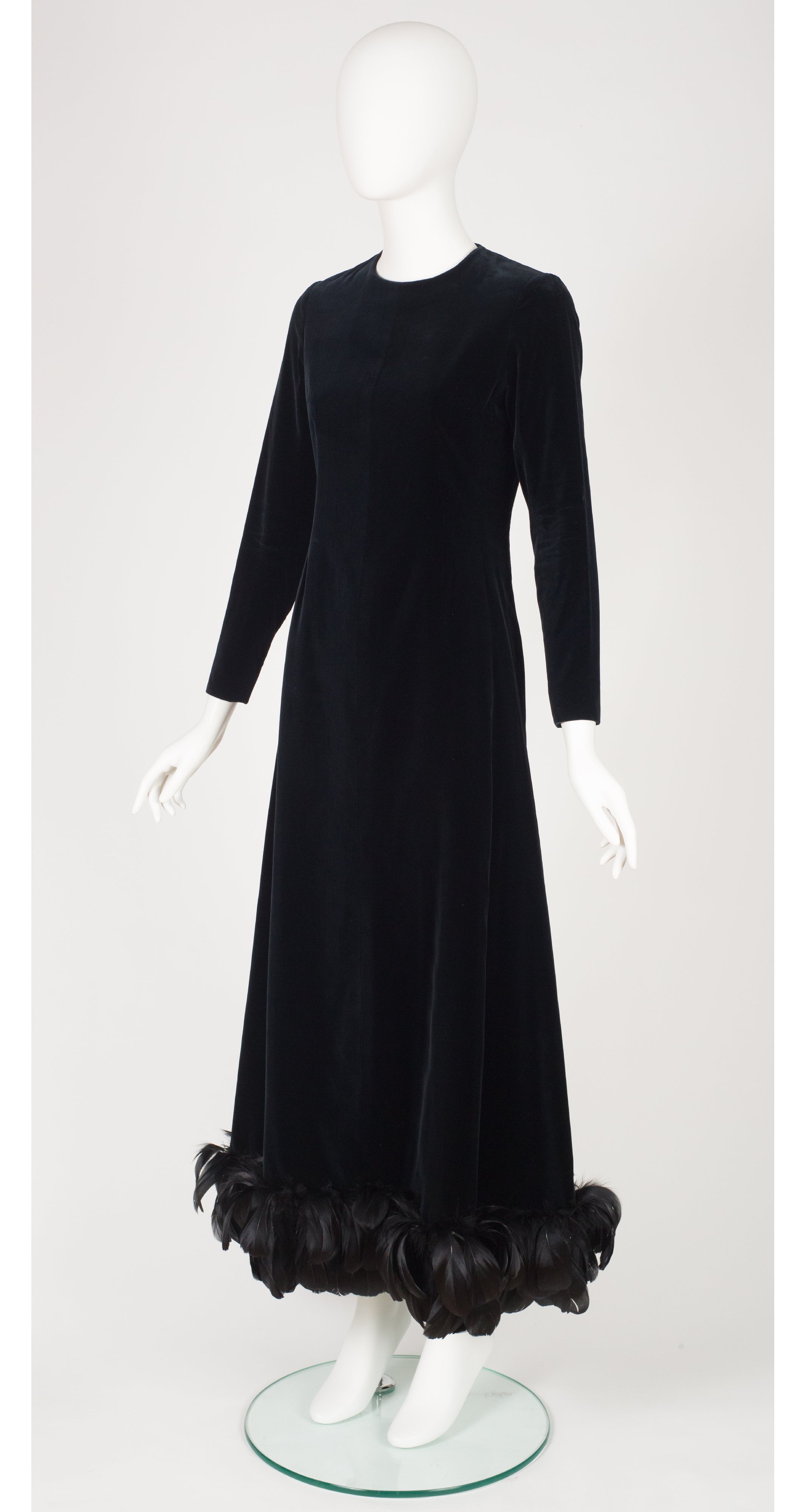 1970s Demi-Couture Black Velvet Feather Trim Evening Gown