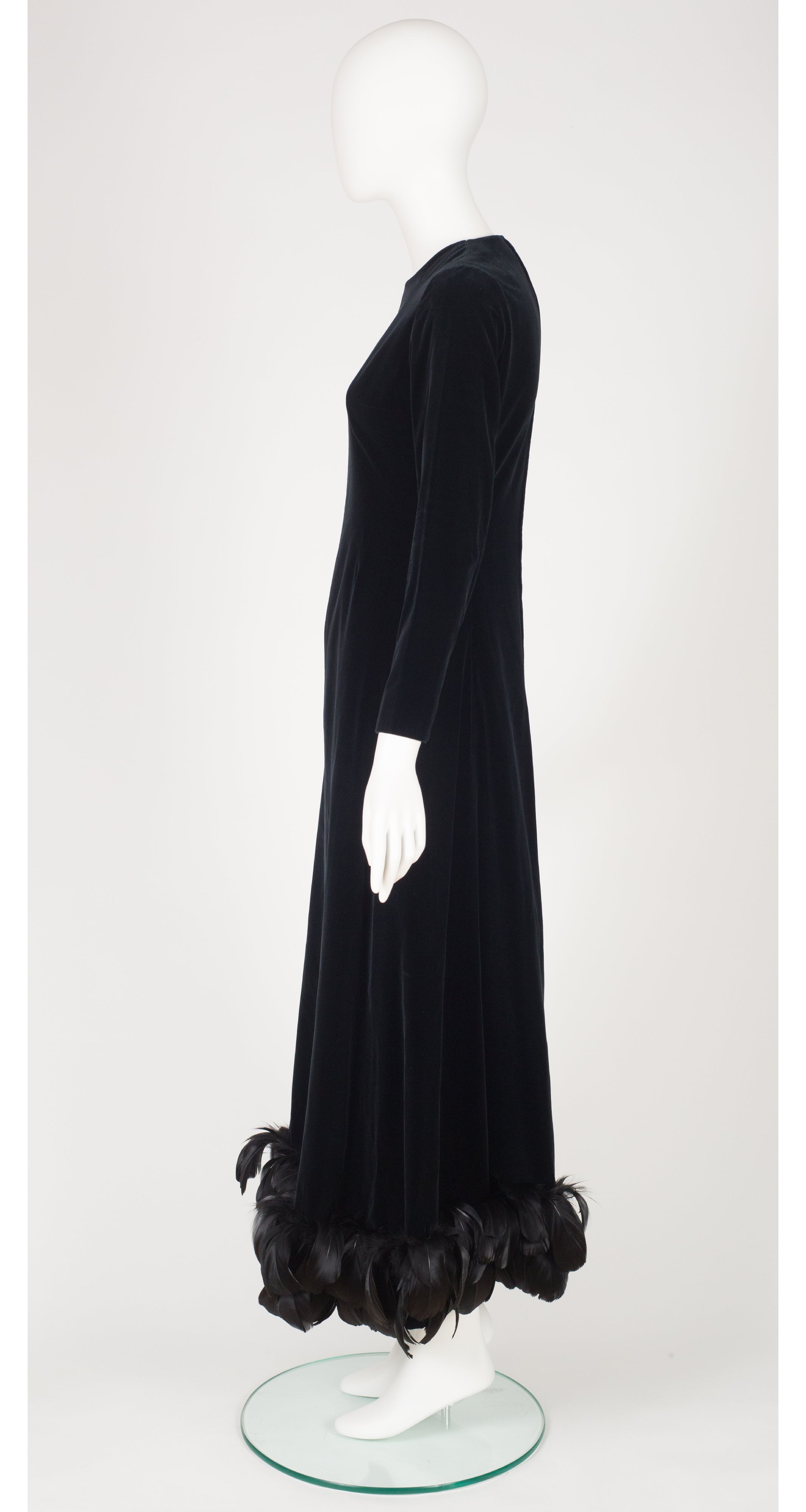 1970s Demi-Couture Black Velvet Feather Trim Evening Gown