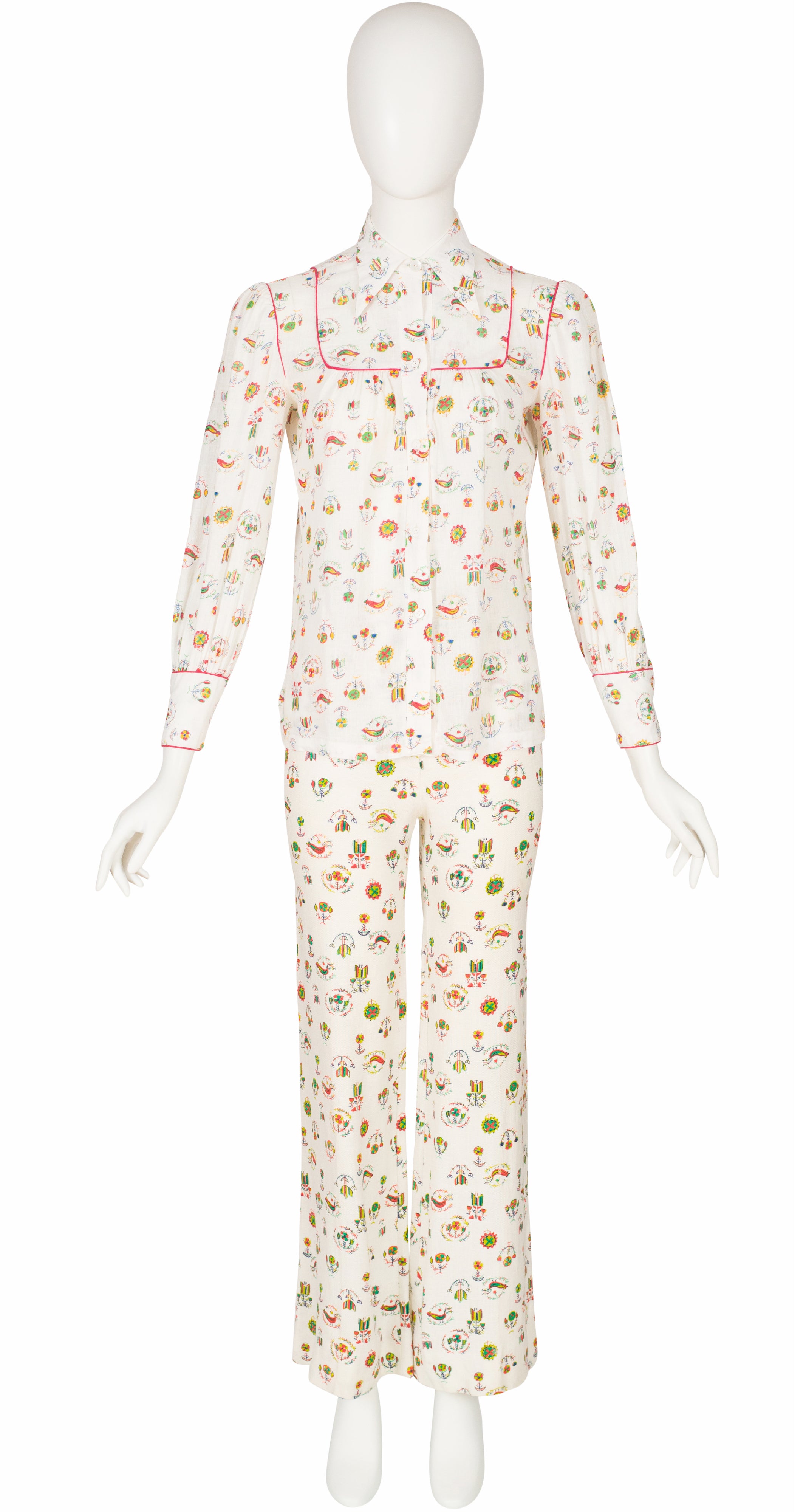 1970s Rooster Folk Art Novelty Print White Pant Set
