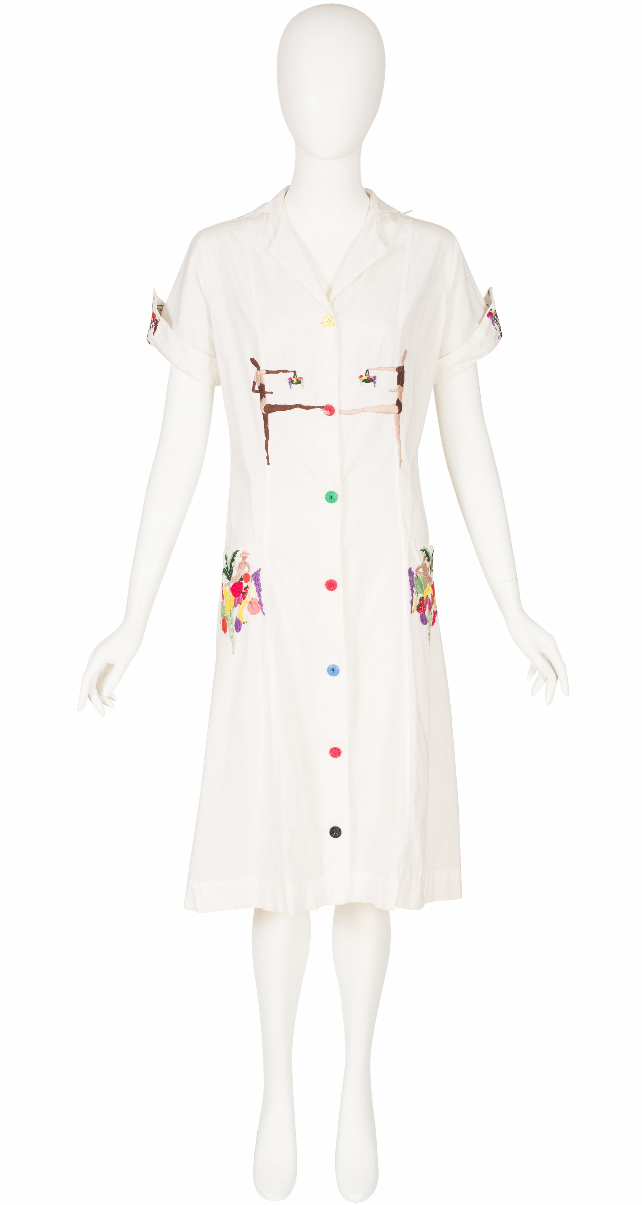 1930s Novelty Hand-Embroidered White Cotton Work Dress